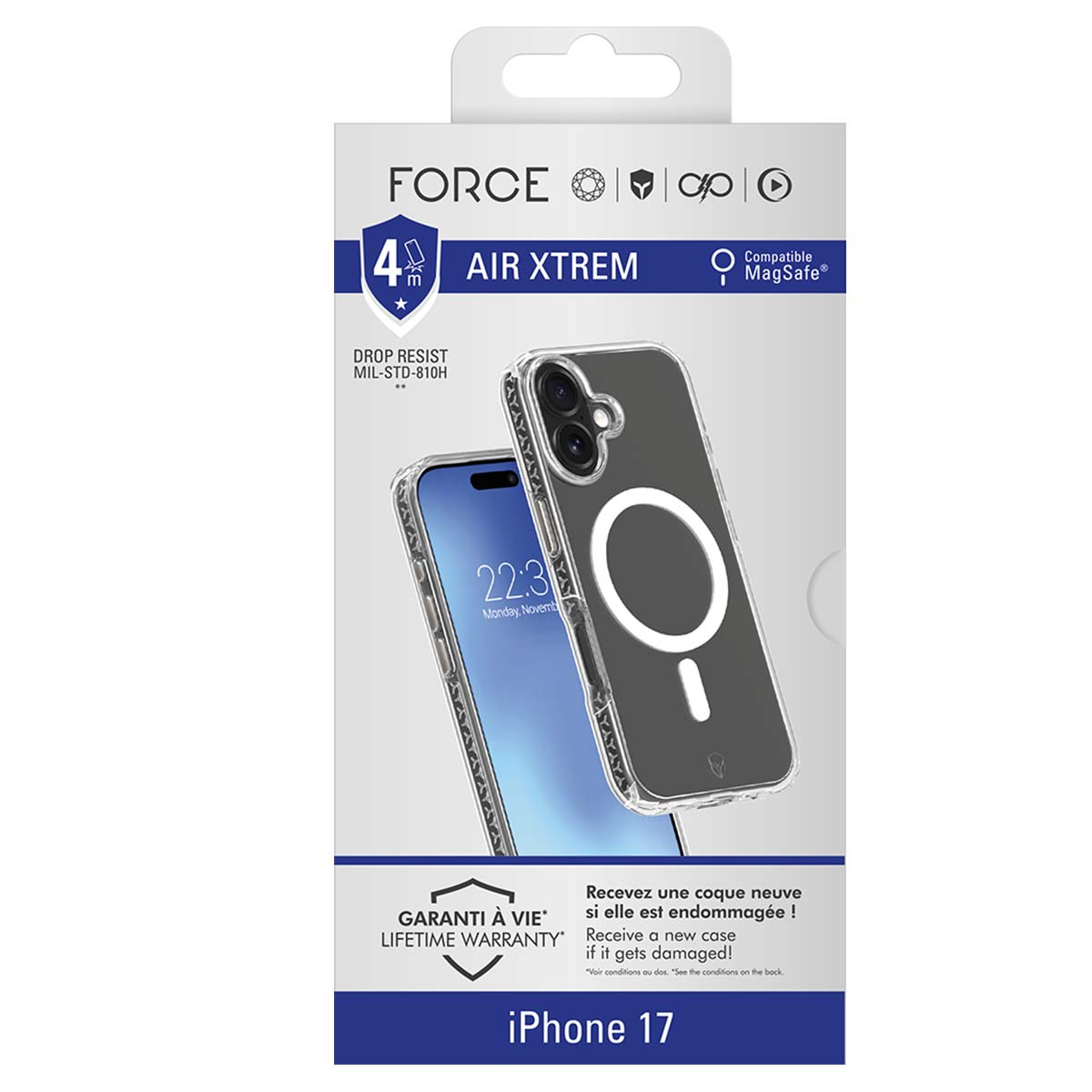 Una custodia per telefono su una confezione. La custodia è trasparente e il telefono mostra l'ora. Il testo include 'AIR XTREM' e 'iPhone 17'.