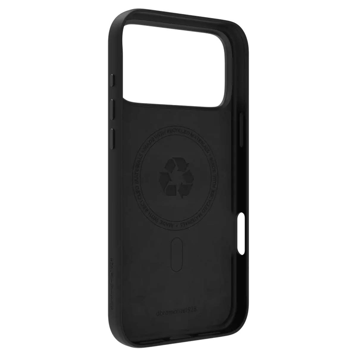 Custodia nera per telefono con ritaglio per fotocamera e simbolo di riciclo. Realizzata con materiali riciclati, il marchio è visibile.