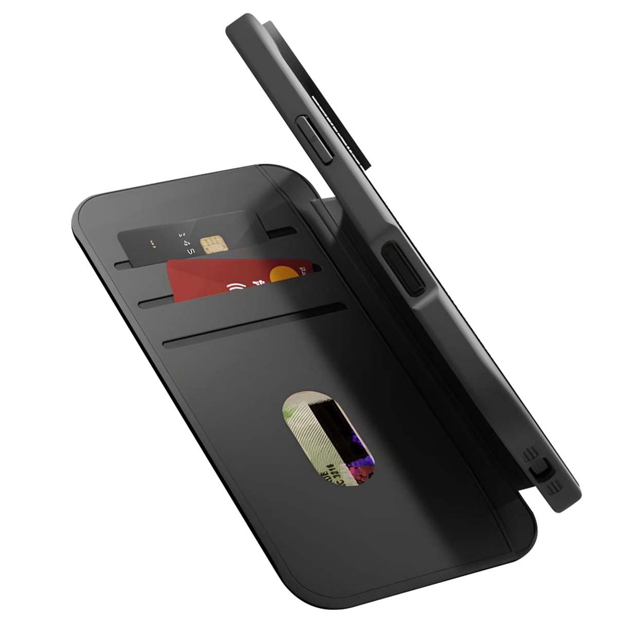 Custodia nera per telefono con fessure per carte. Un telefono è appoggiato alla custodia. Carte visibili nelle fessure.