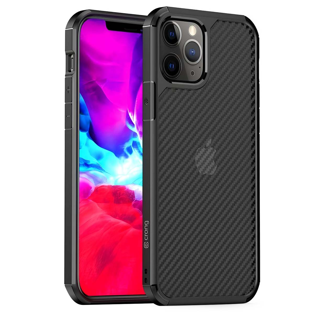 Custodia per telefono nera con trama in fibra di carbonio. Un iPhone con schermo viola è visibile all'interno.