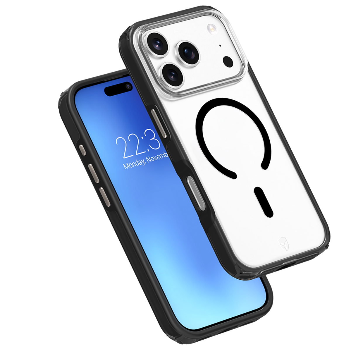 Zwei iPhones mit Hüllen. Ein Telefon zeigt die Uhrzeit. Das andere hat ein schwarzes kreisförmiges Design auf weißem Hintergrund.