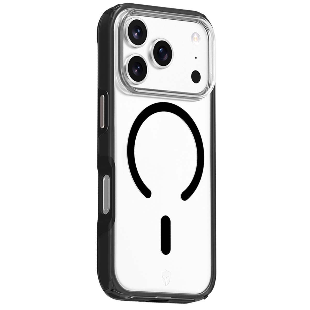 Custodia per iPhone con design nero e trasparente. Presenta un contorno nero, un cerchio nero con una linea e tre obiettivi.