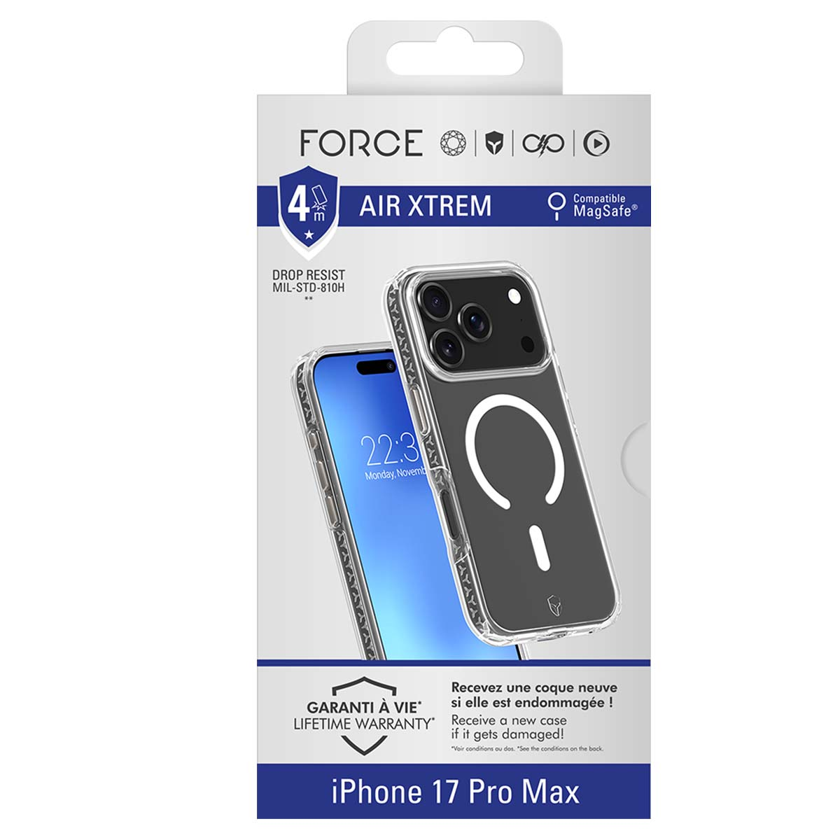 Una scatola di custodia per telefono con una custodia per iPhone 17 Pro Max. Ha un design MagSafe e la scatola menziona la resistenza alle cadute. Lo schermo mostra l'ora.