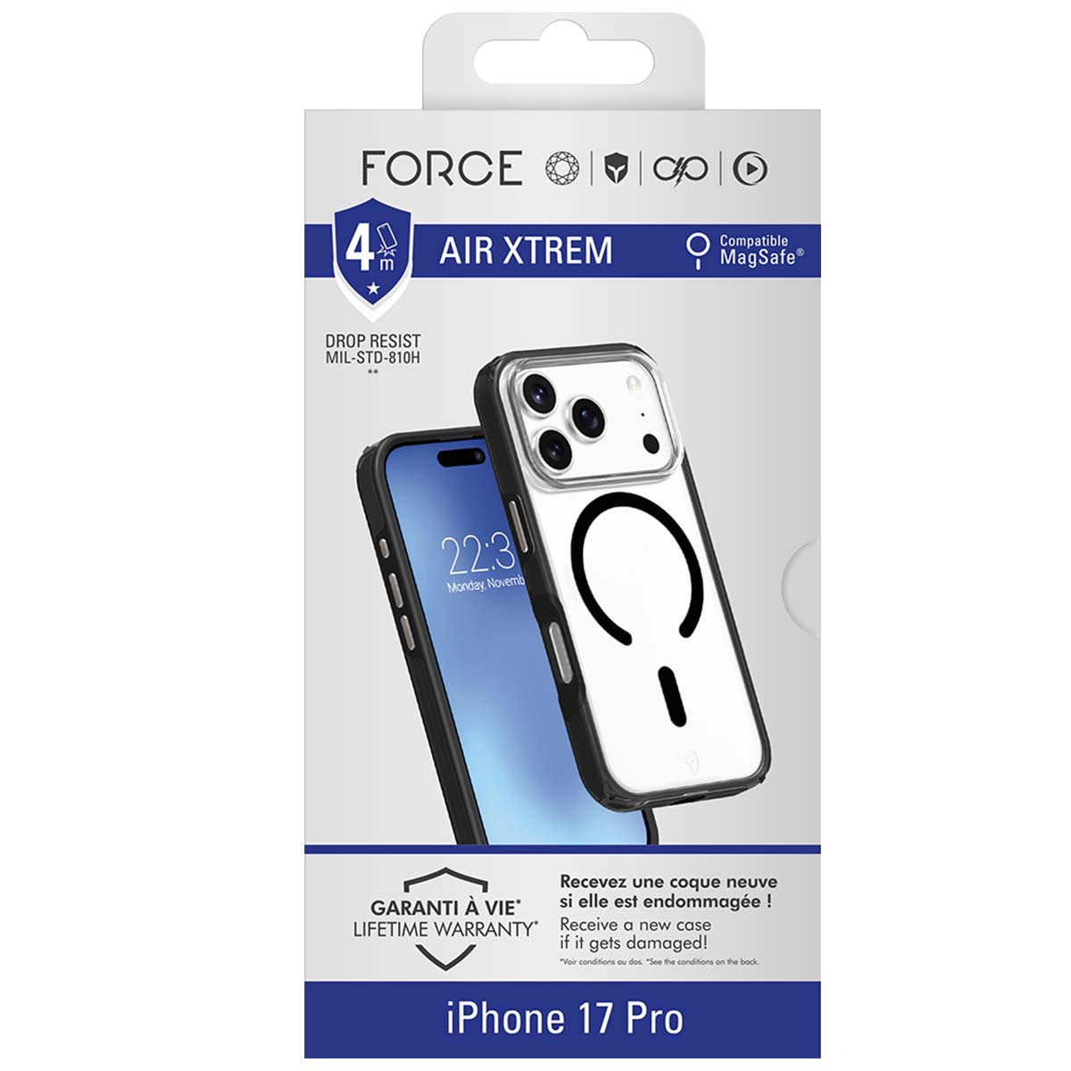 Una confezione di custodia per telefono con un iPhone 17 Pro. Mostra un telefono e una custodia trasparente, con dettagli neri e sfondo bianco.