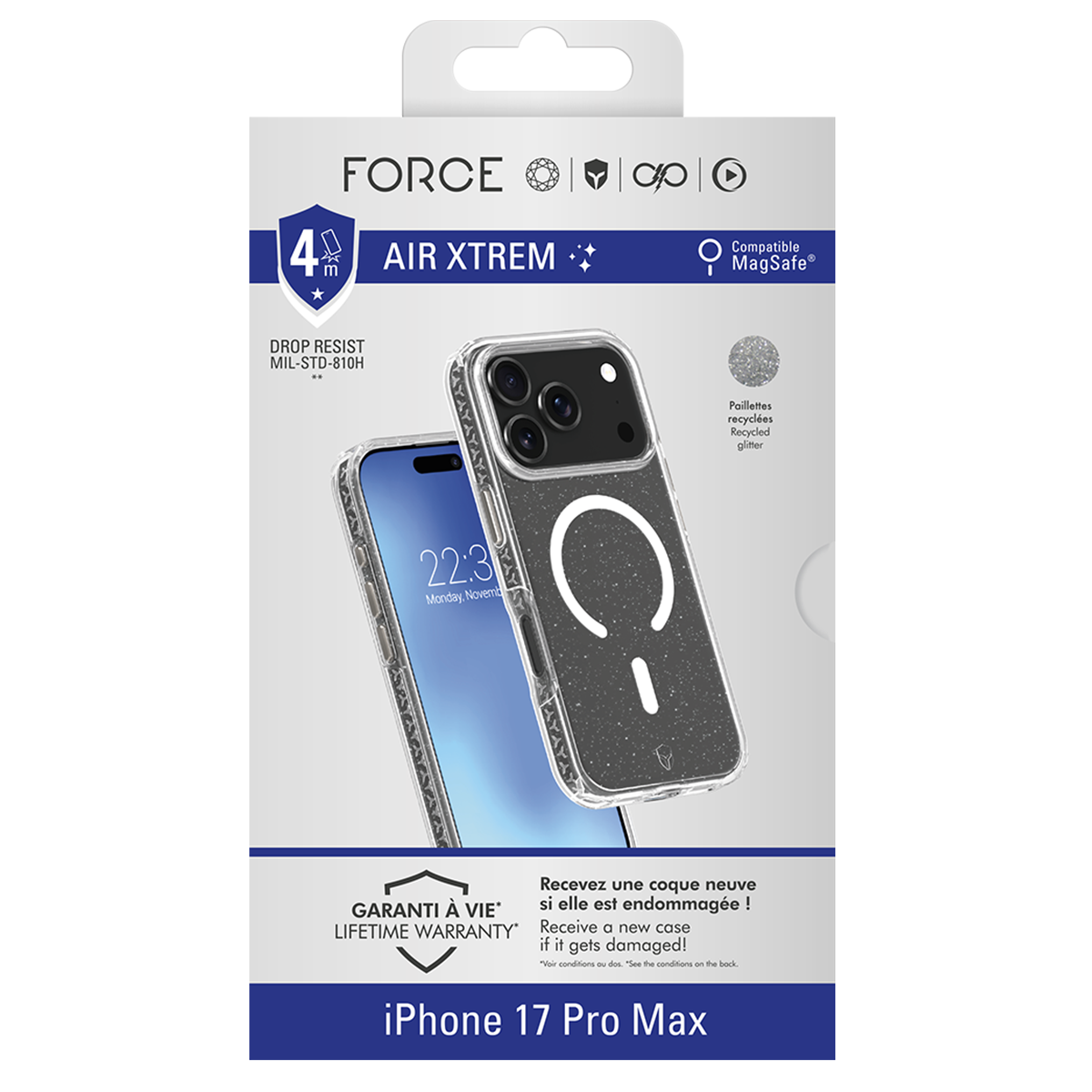 Eine iPhone 17 Pro Max Hülle. Die Hülle ist transparent mit grauem Glitzer und einem weißen MagSafe-Kreis. Es befindet sich in einer Box mit Branding.
