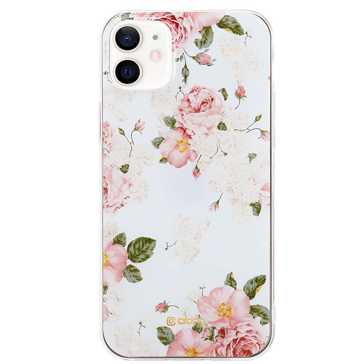 Una custodia per telefono con un design floreale. La custodia presenta rose rosa e fiori bianchi su sfondo azzurro.