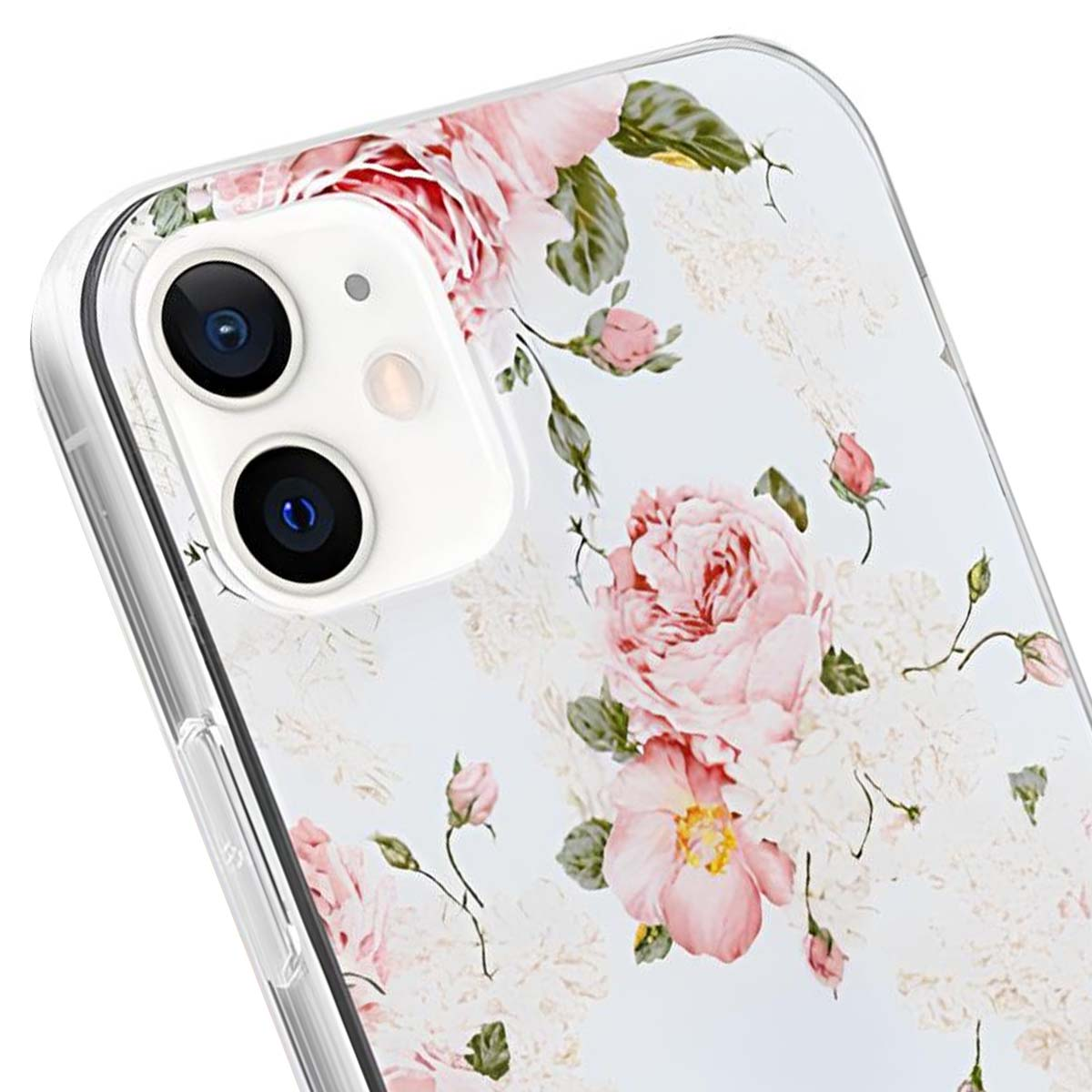 Custodia trasparente per telefono con design floreale rosa. È visibile una doppia fotocamera. Lo sfondo è un motivo floreale chiaro.