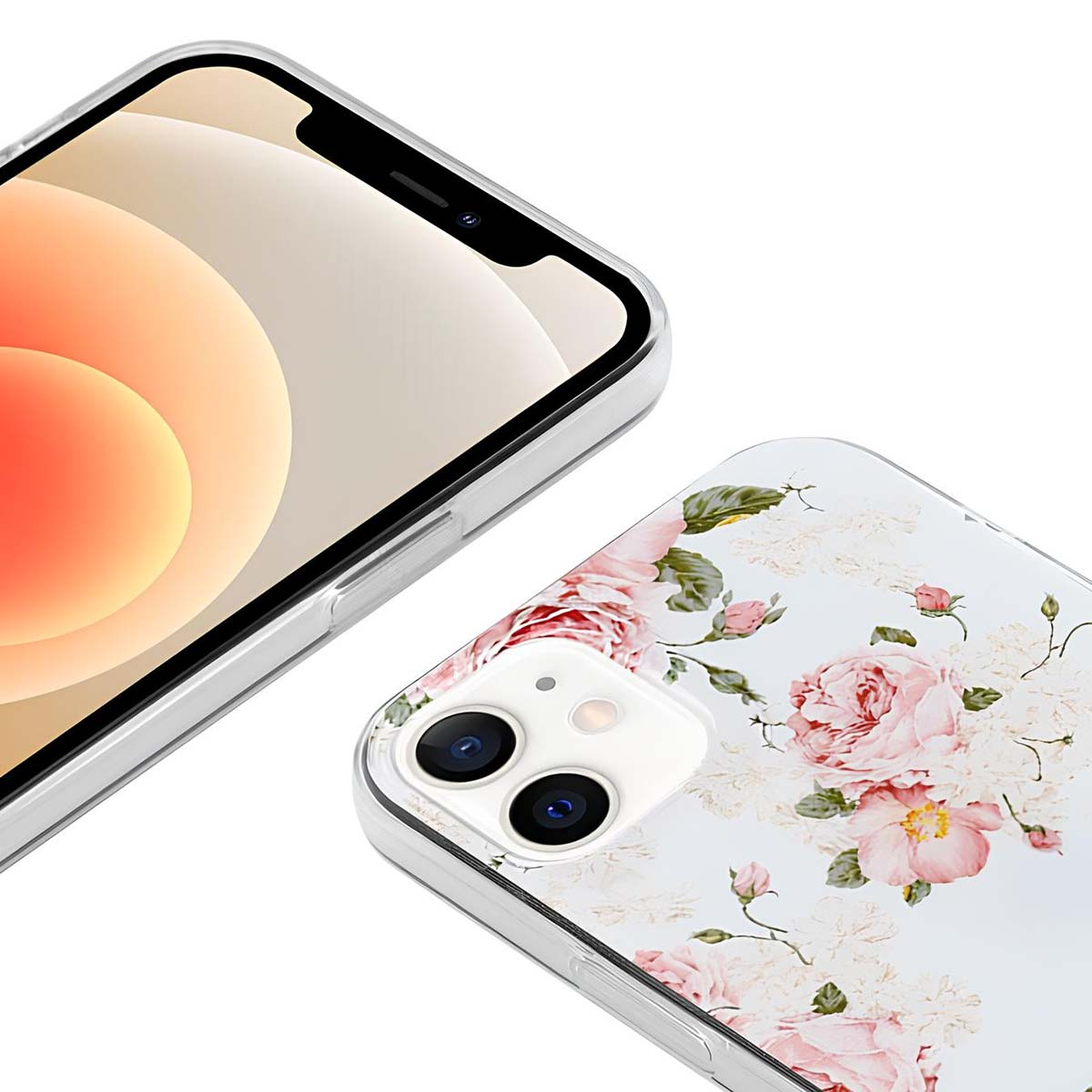 Primo piano di un iPhone con una custodia floreale. La custodia presenta rose rosa e foglie verdi. Lo schermo del telefono è visibile.