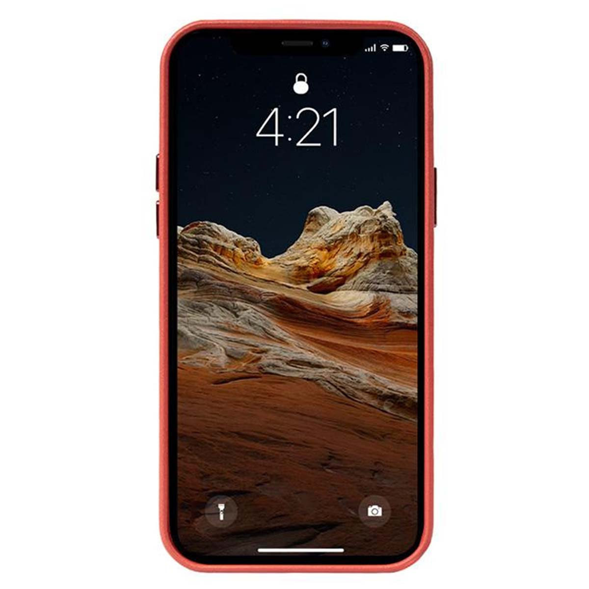 Schermo dell'iPhone che mostra le 4:21, con uno sfondo paesaggistico. Il telefono è in una custodia rossa.