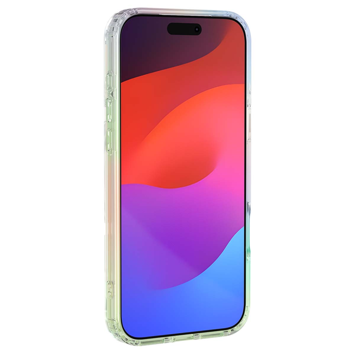 Uno smartphone in una custodia trasparente. Lo schermo mostra una sfumatura colorata di rosso, viola e blu. Il telefono è su sfondo bianco.