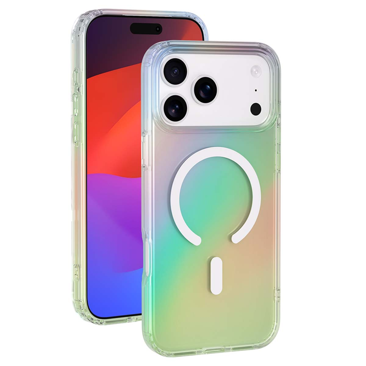 Un iPhone in una custodia trasparente. Il telefono ha uno schermo colorato. La custodia ha un cerchio bianco e una linea.