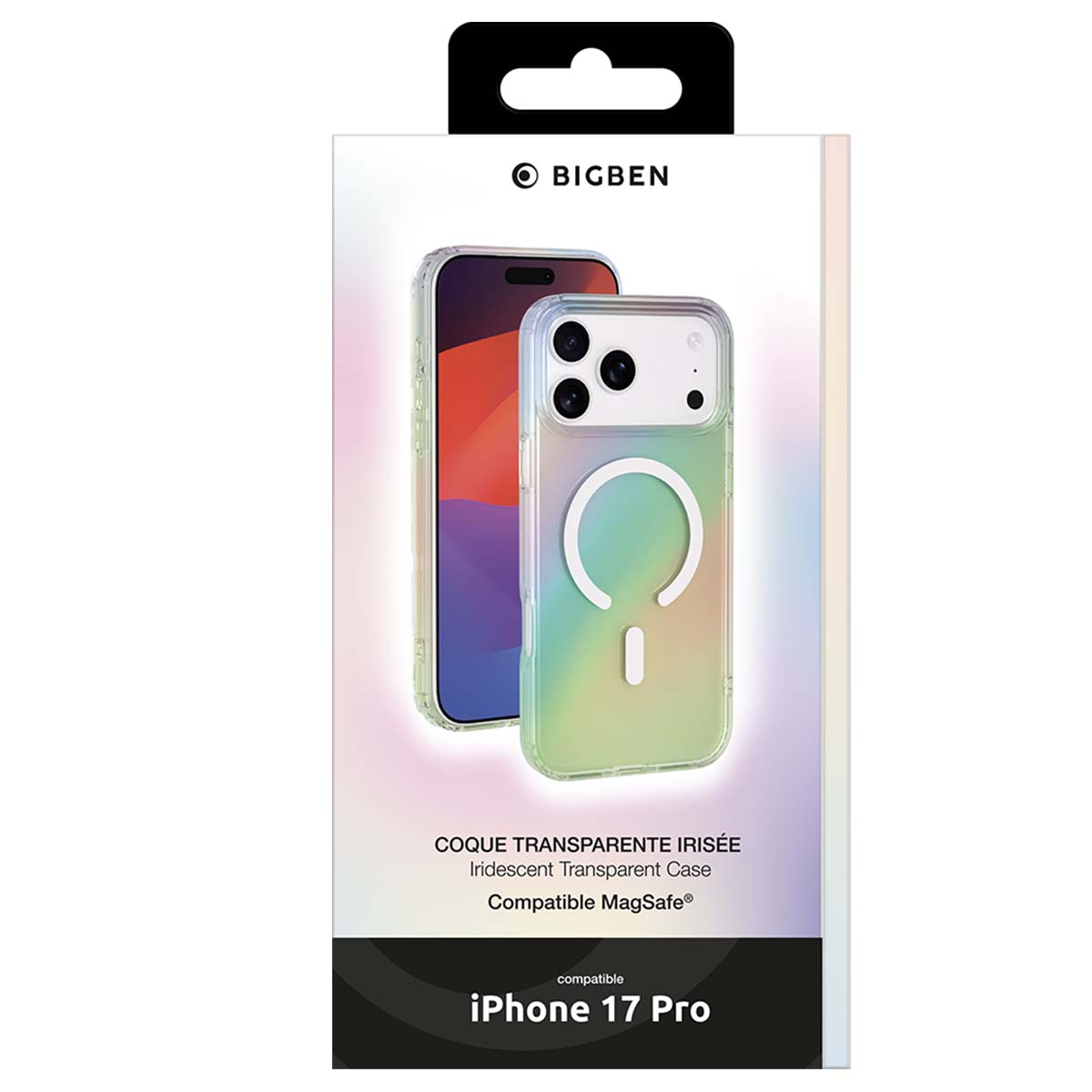 Una scatola per custodia del telefono. Un telefono è all'interno della custodia. La custodia è trasparente e iridescente. La scatola ha un logo Bigben e il testo iPhone 17 Pro.