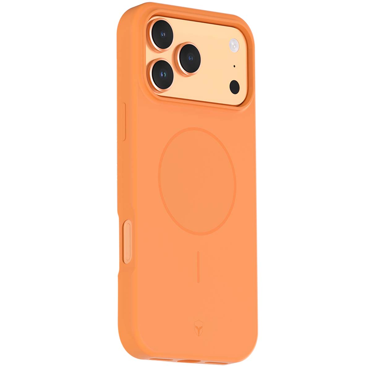 Una custodia arancione per iPhone con cornice dorata per la fotocamera. La custodia ha un design circolare e un logo.