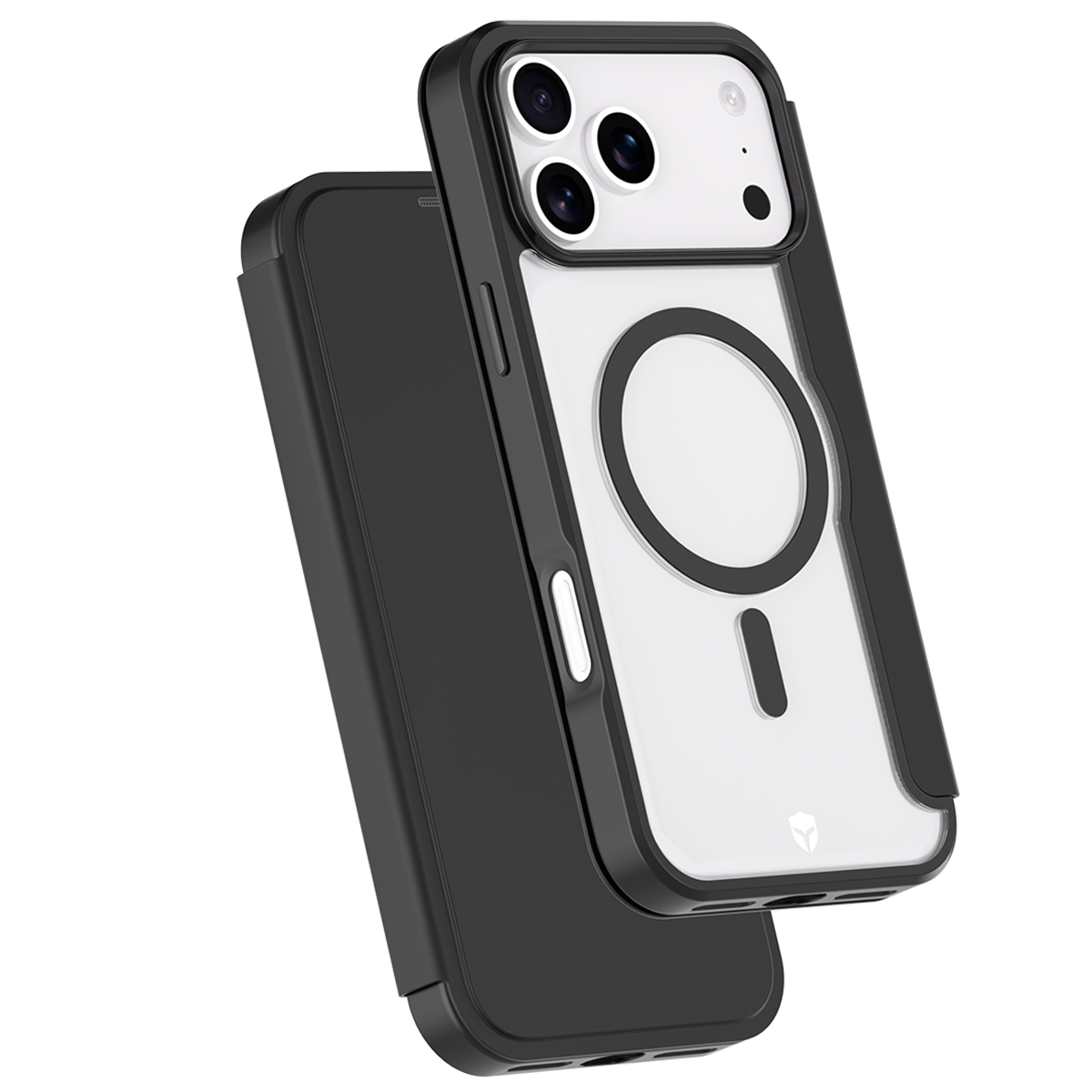 Una custodia nera per telefono con retro trasparente, che mostra la fotocamera. La custodia ha un telaio nero e un design circolare.