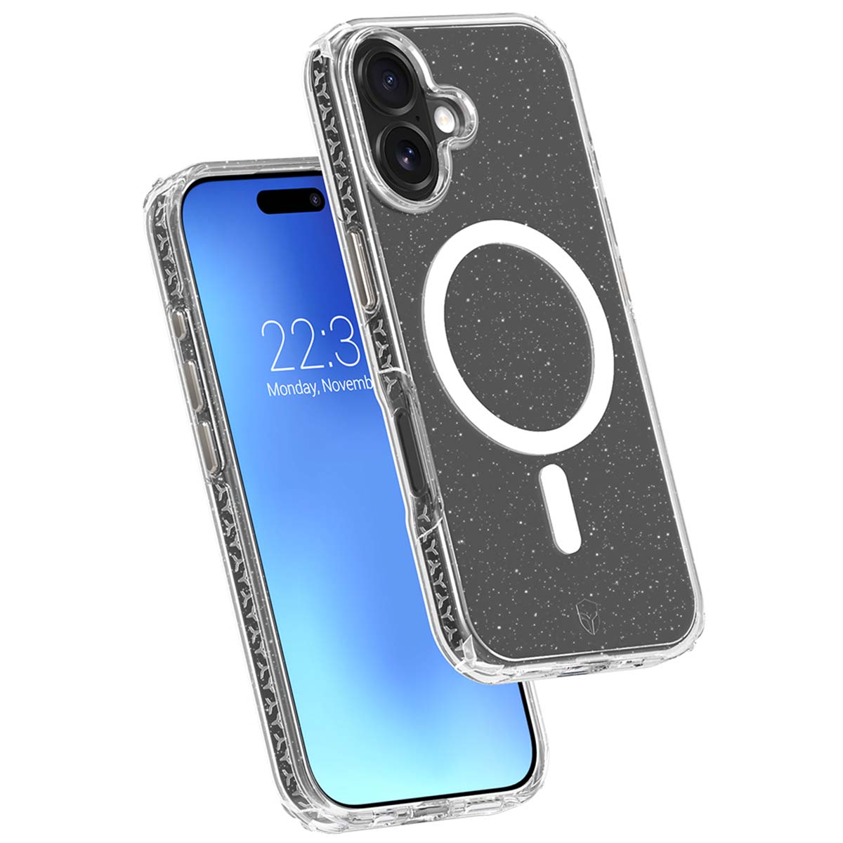 Due smartphone con custodie trasparenti. Uno mostra l'ora. L'altro ha un retro glitterato con un cerchio bianco.