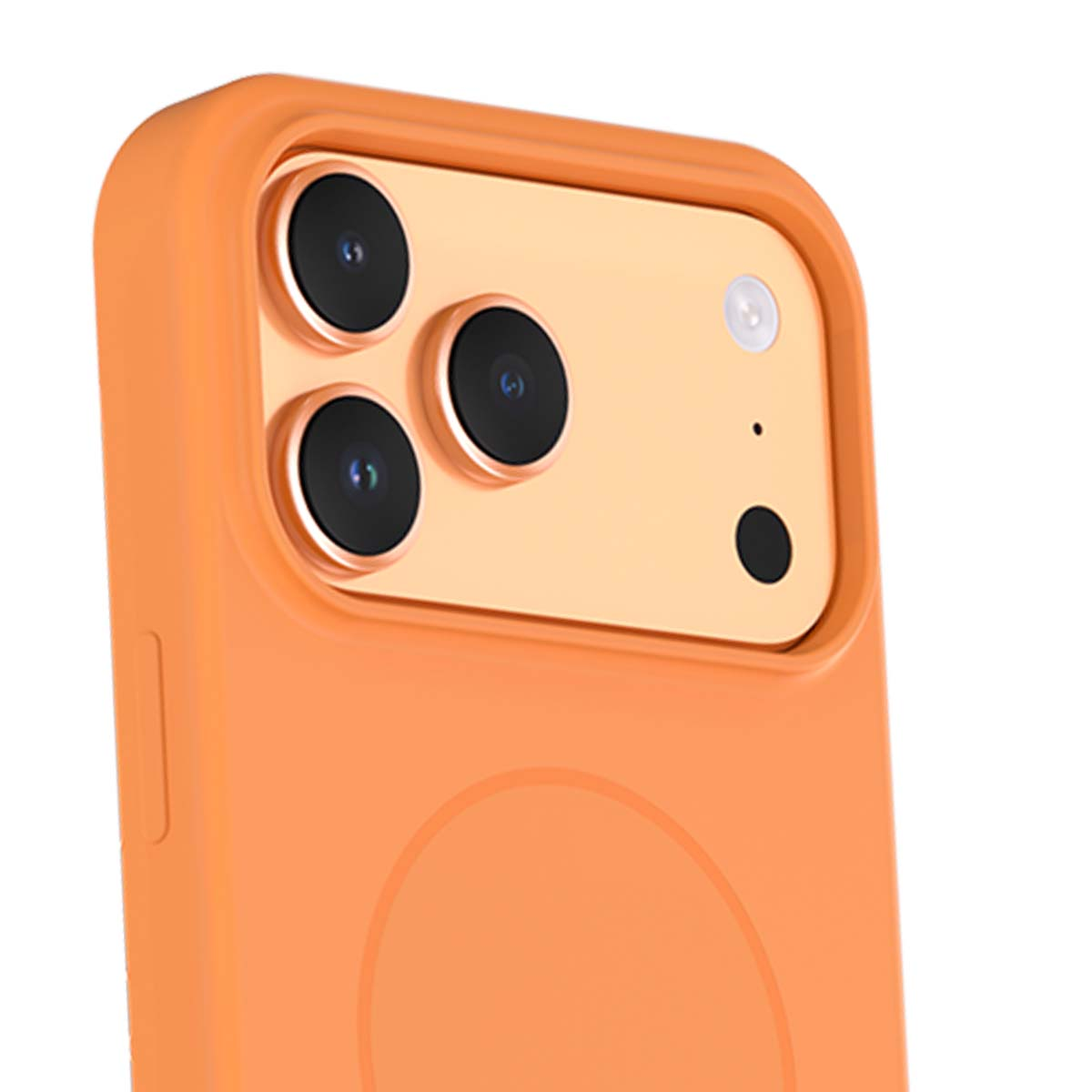 Primo piano di una custodia arancione per telefono con modulo fotocamera dorato. Ha tre lenti, un flash e un punto nero.