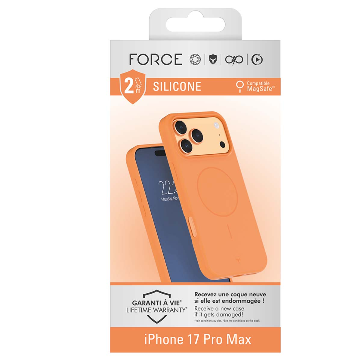 Eine orangefarbene iPhone-Hülle mit einem Telefon im Inneren, dargestellt auf einer weißen Verpackung. Die Hülle hat ein MagSafe-Logo und den Text 'iPhone 17 Pro Max'.