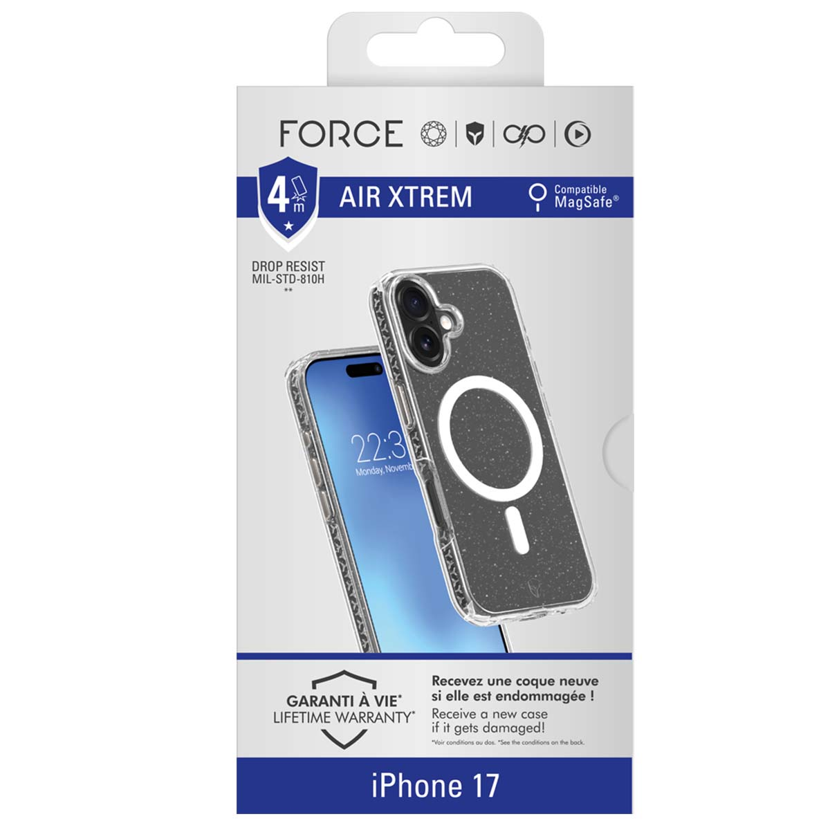 Una scatola per custodia del telefono con un telefono all'interno. La scatola dice Air Xtrem, compatibile con MagSafe e iPhone 17. Il telefono mostra 22:30.