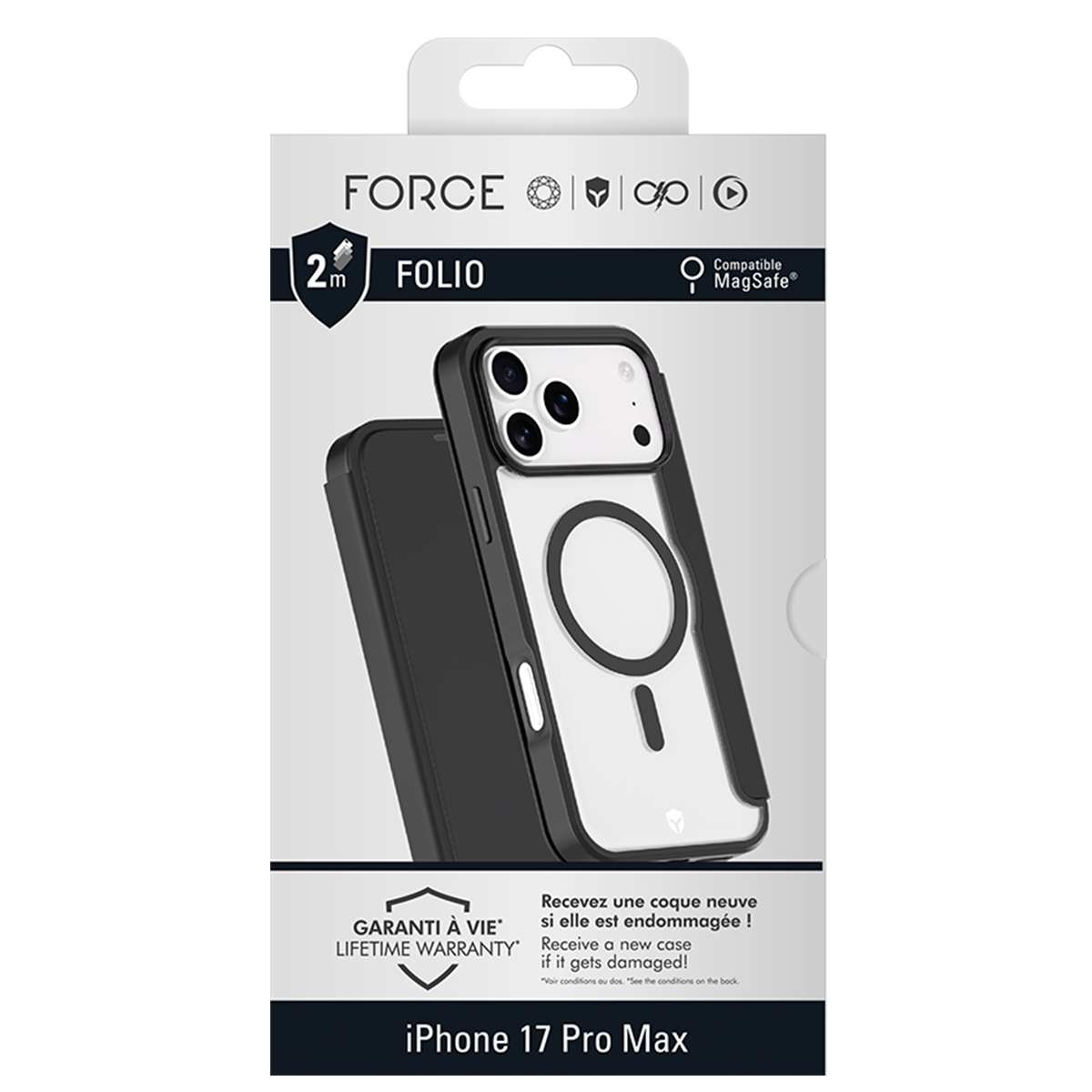 Una custodia per telefono nera e trasparente con un cerchio MagSafe bianco è esposta in una scatola. Il marchio è Force ed è per iPhone 17 Pro Max.