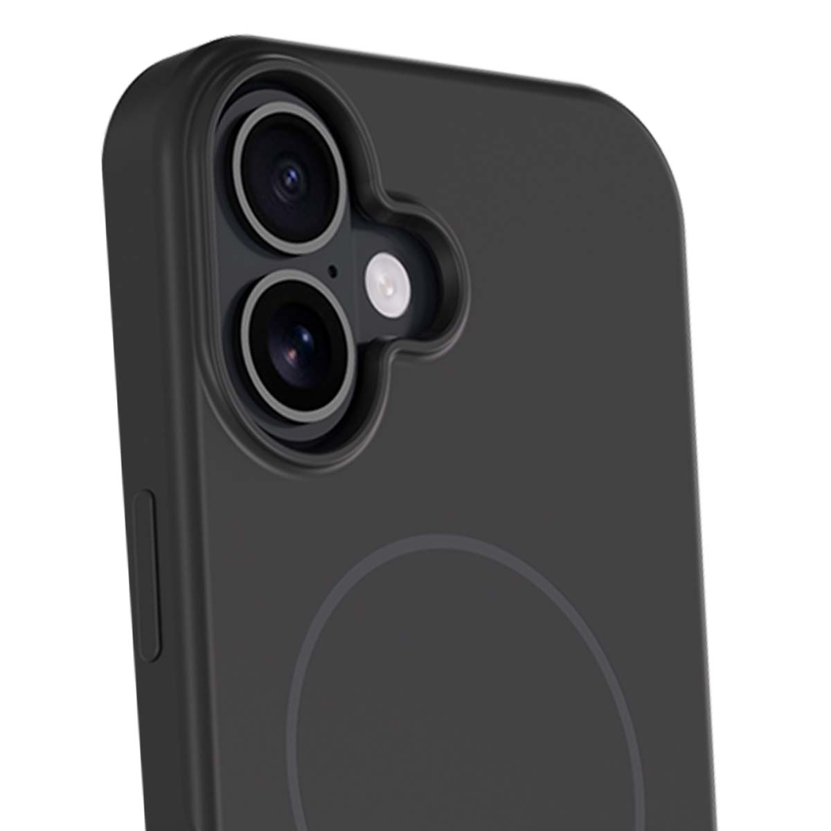 Primo piano di una custodia per telefono nera con lenti della fotocamera. La custodia ha un contorno circolare sul retro.