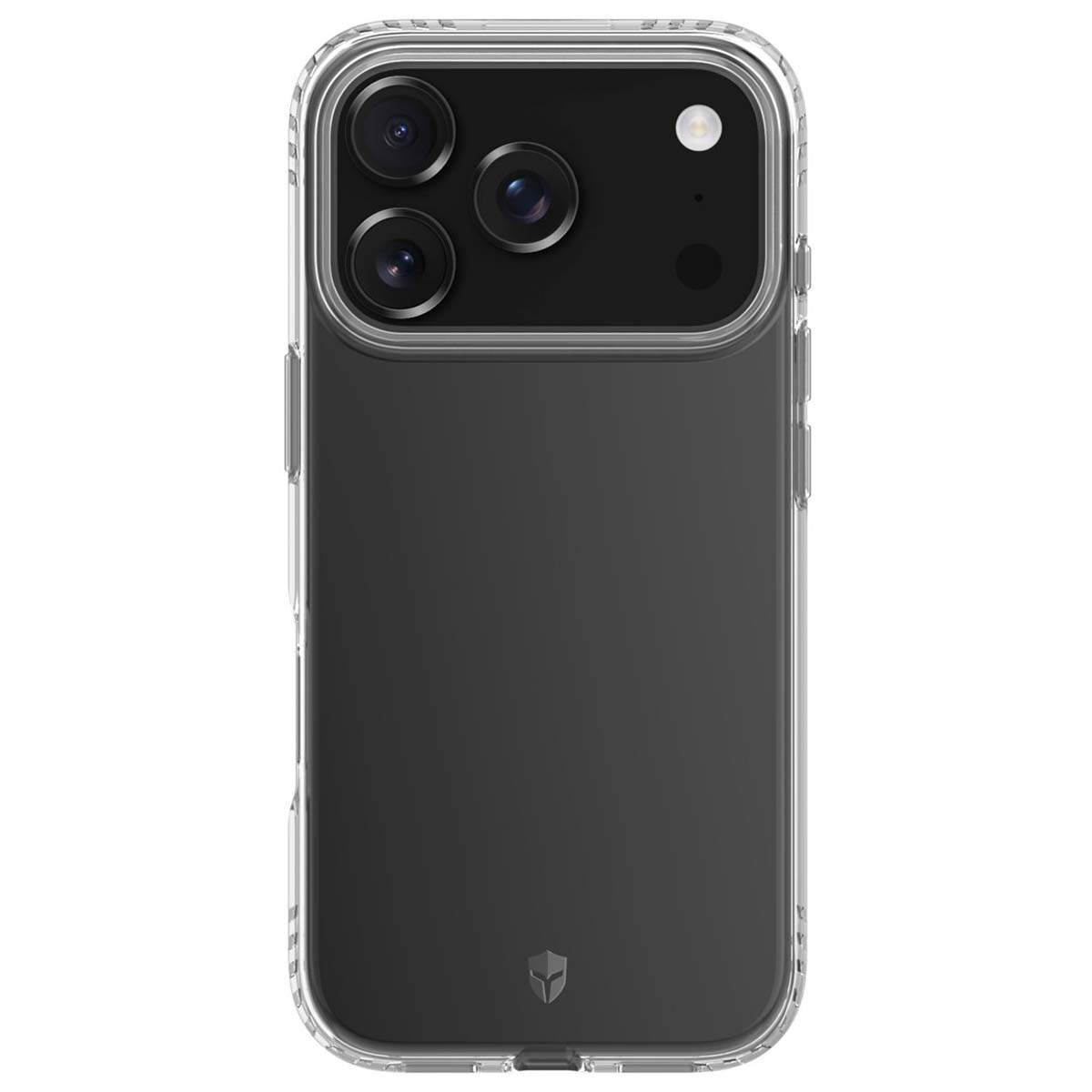 Una custodia trasparente con un telefono nero all'interno. Il telefono ha tre fotocamere posteriori e un flash. La custodia ha un logo in basso.