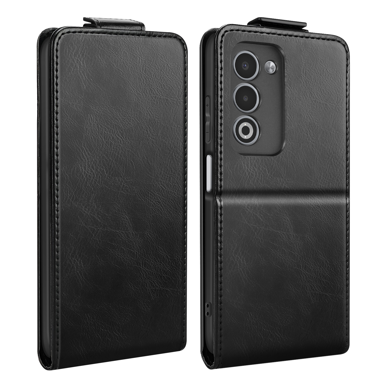 Una custodia per telefono in pelle nera è aperta, rivelando le lenti della fotocamera del telefono. La custodia ha una chiusura magnetica.