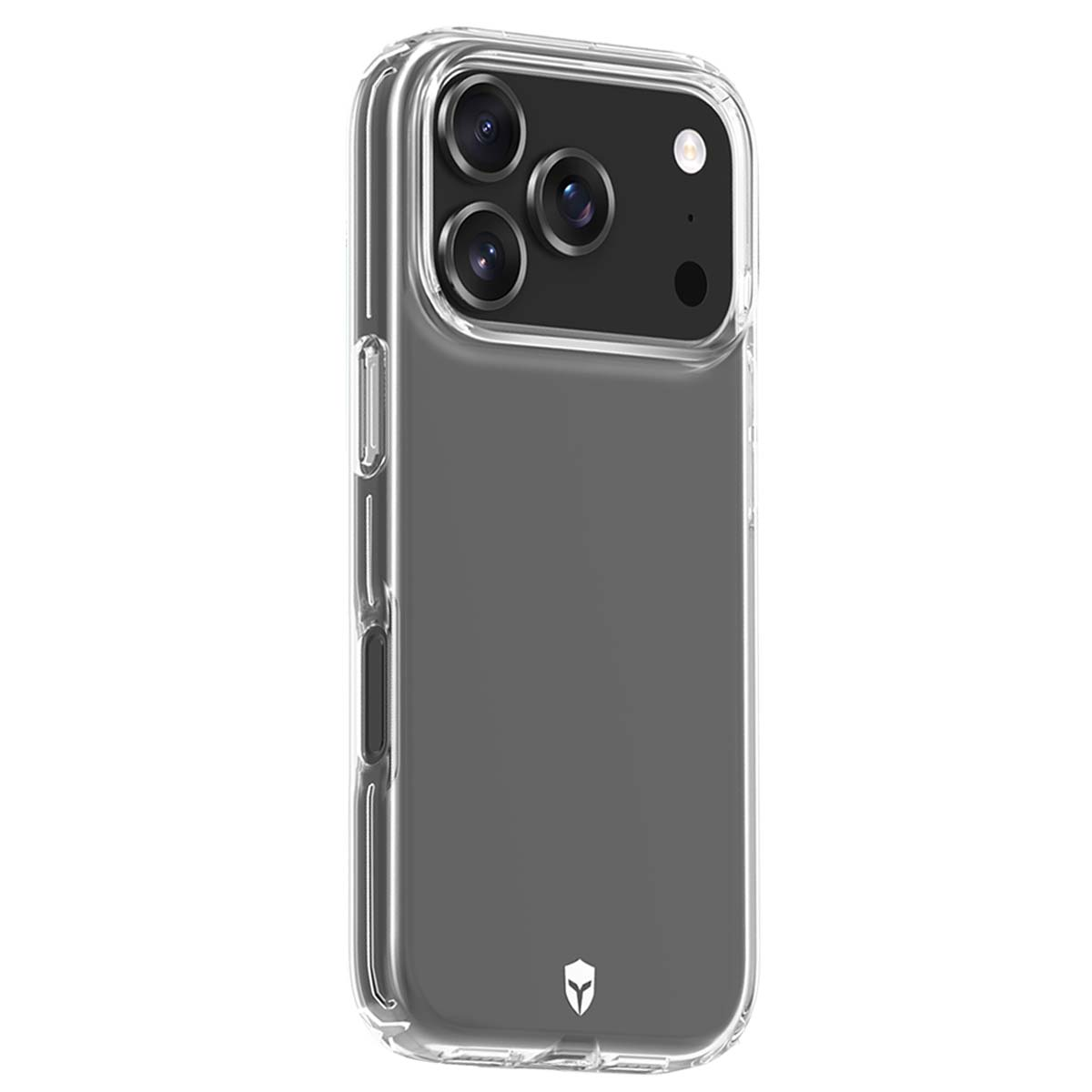 Una custodia trasparente per telefono con un iPhone all'interno. La custodia ha un bordo trasparente e un retro grigio con un logo. La fotocamera del telefono è visibile.