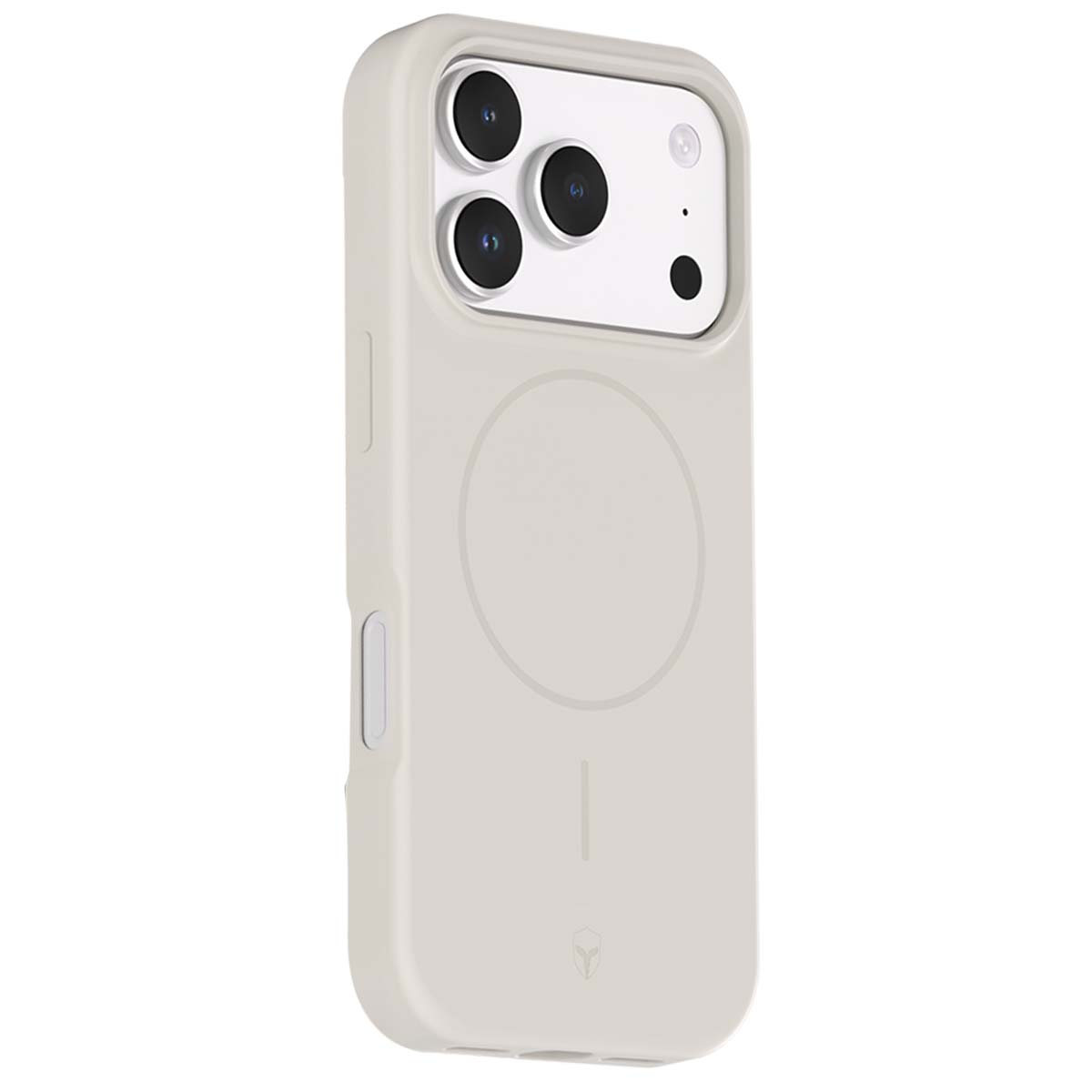 Una cover per telefono beige chiaro con modulo fotocamera. Presenta un design circolare sul retro e un piccolo logo in basso.