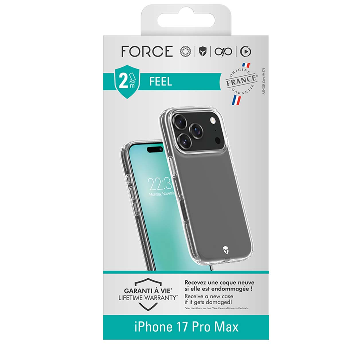 Una scatola per la custodia del telefono. Mostra un iPhone 17 Pro Max con custodia protettiva. Testo: FORCE, FEEL, GARANTIE, LIFETIME WARRANTY.