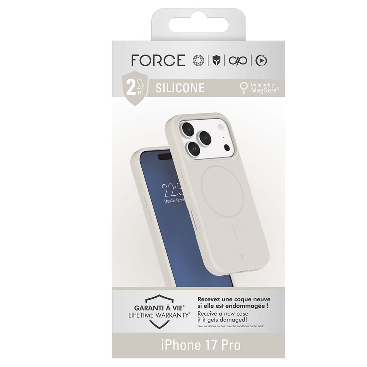 Una custodia bianca per iPhone 17 Pro con un telefono all'interno, su sfondo bianco. La custodia è in silicone e ha un cerchio MagSafe sul retro.