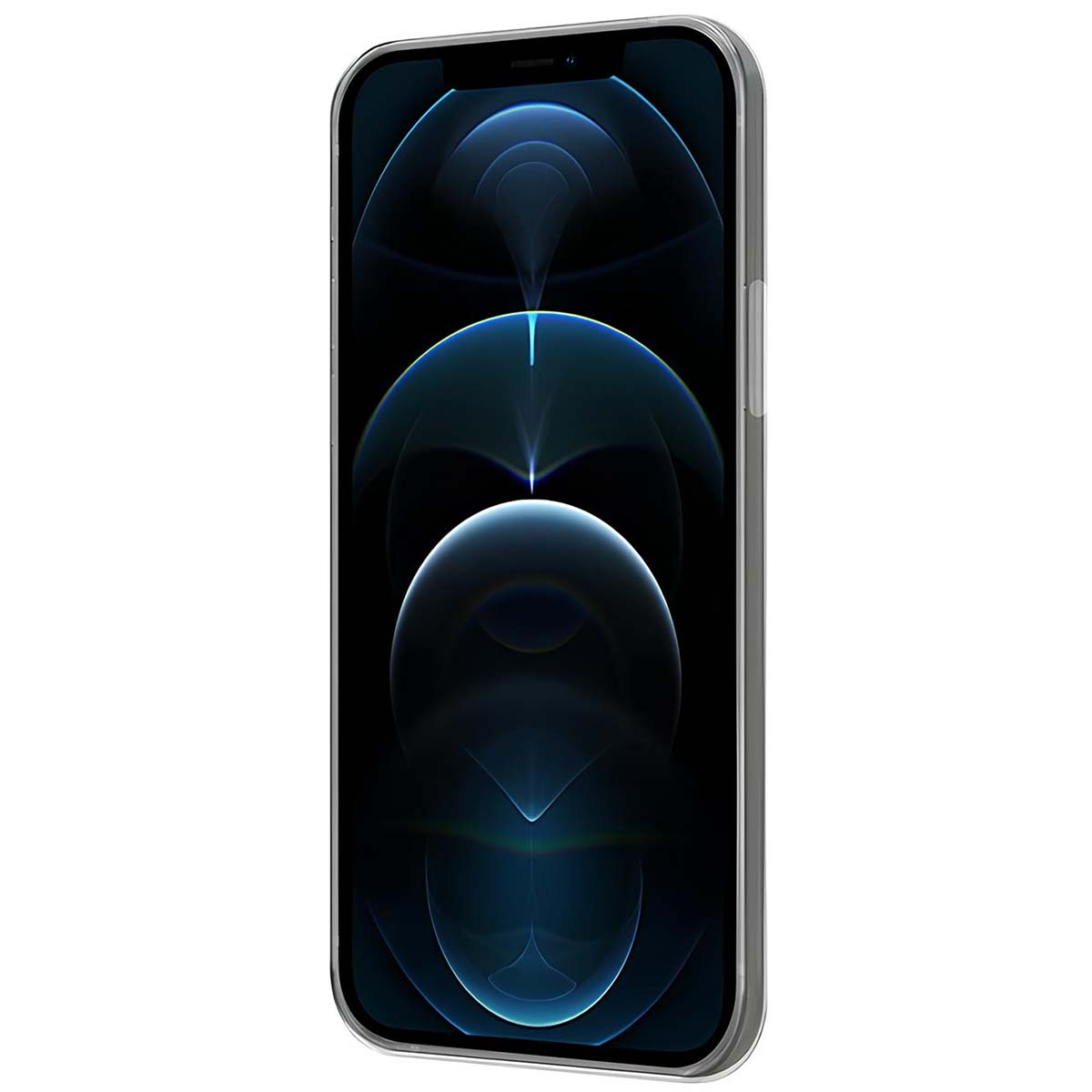 Un iPhone argentato mostra uno sfondo astratto blu e nero. Il telefono è leggermente inclinato.