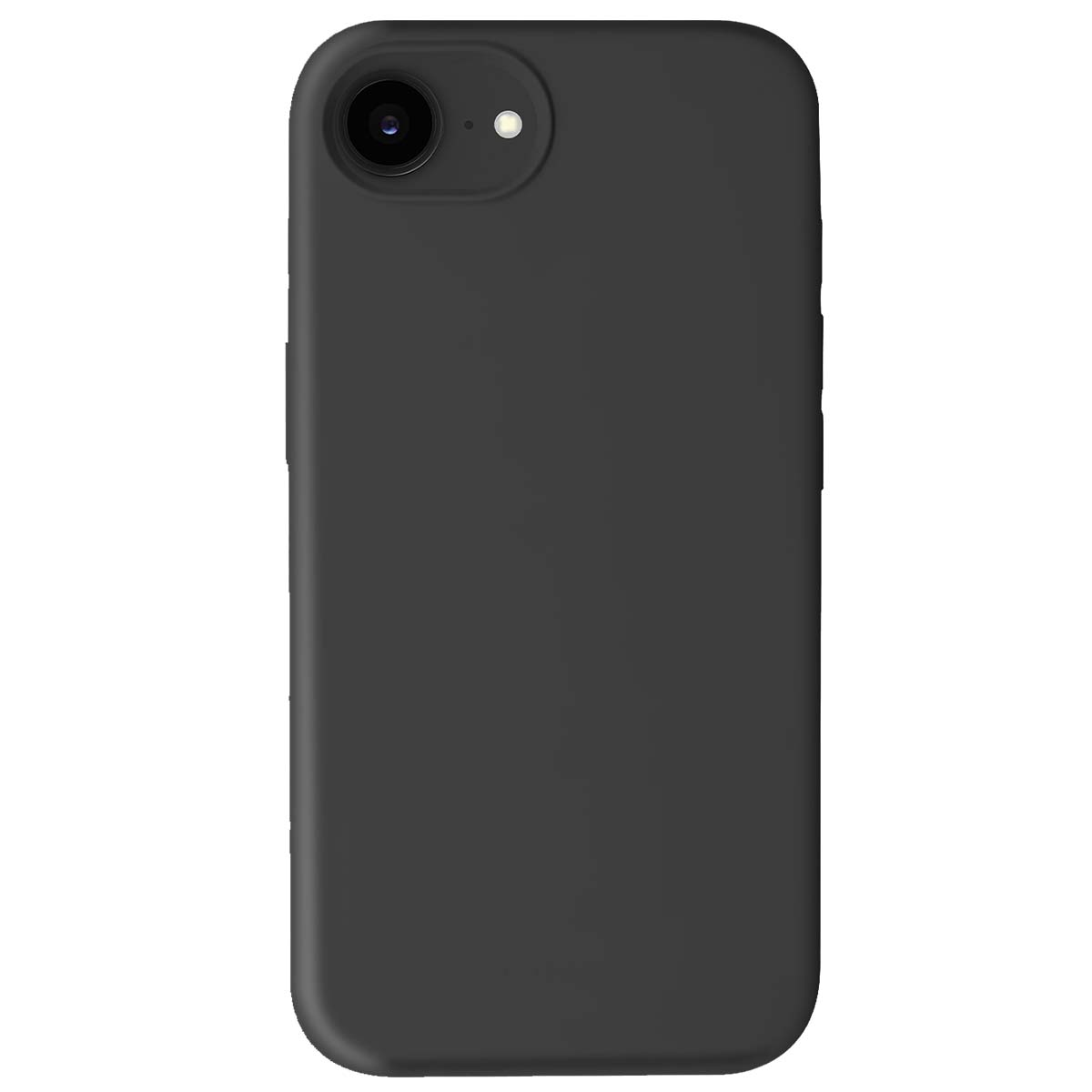 Una custodia per smartphone grigio scuro con fotocamera e flash è visualizzata su sfondo bianco.
