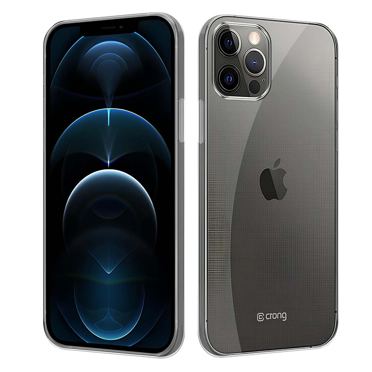 Due smartphone. Uno mostra uno sfondo a sfera blu, l'altro il retro con logo Apple e gruppo fotocamere.