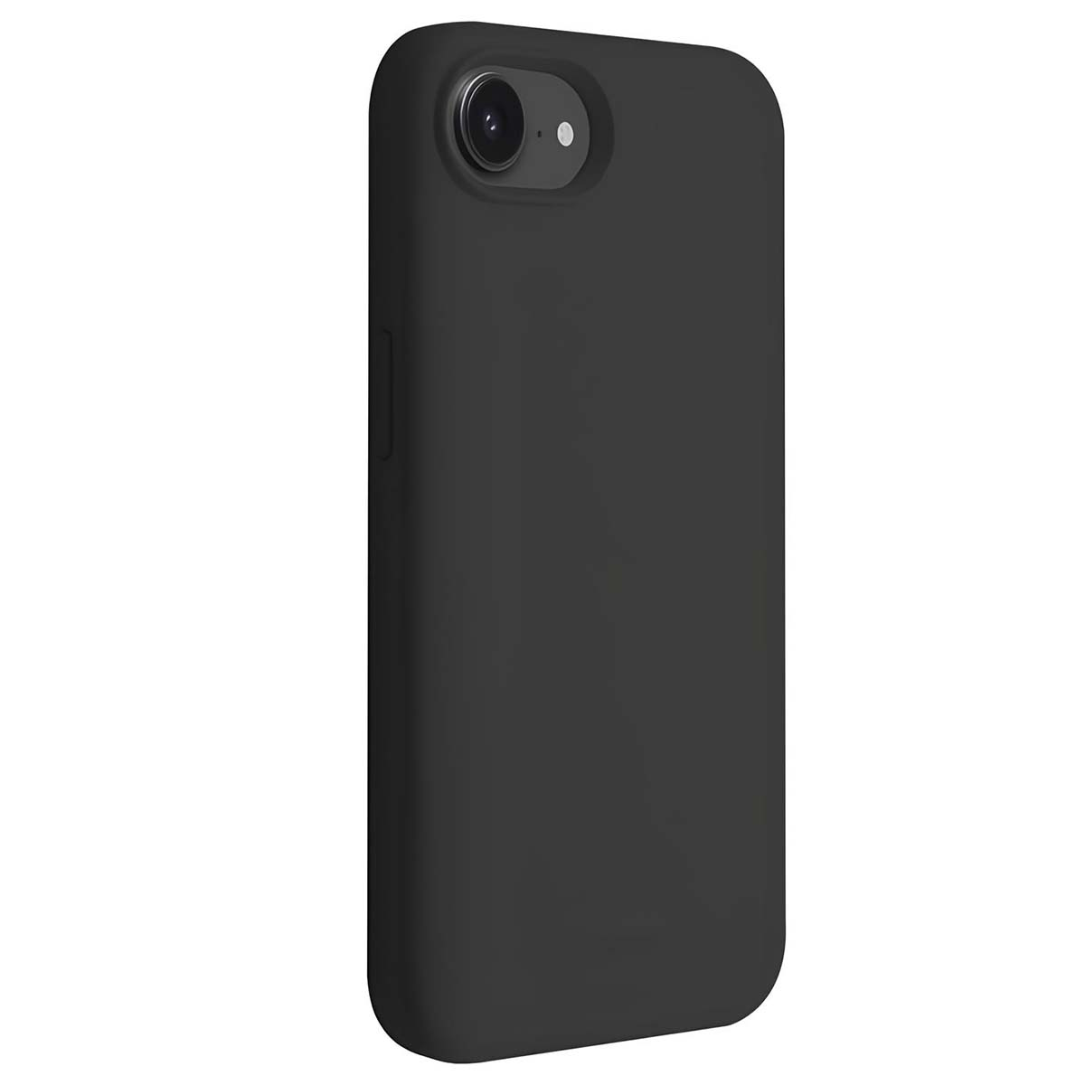 Una custodia per telefono nera. Ha un obiettivo della fotocamera e un pulsante laterale. La custodia è liscia e ha bordi arrotondati.