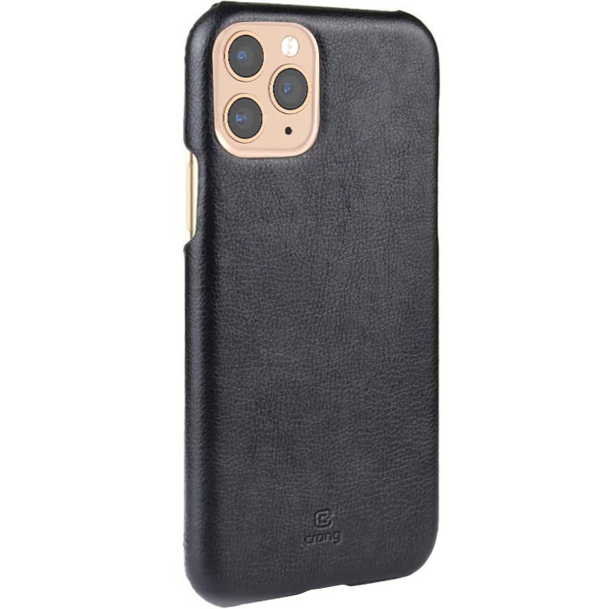 Custodia nera per iPhone con superficie strutturata. Presenta ritagli per la fotocamera e logo del marchio in basso. Sfondo bianco.