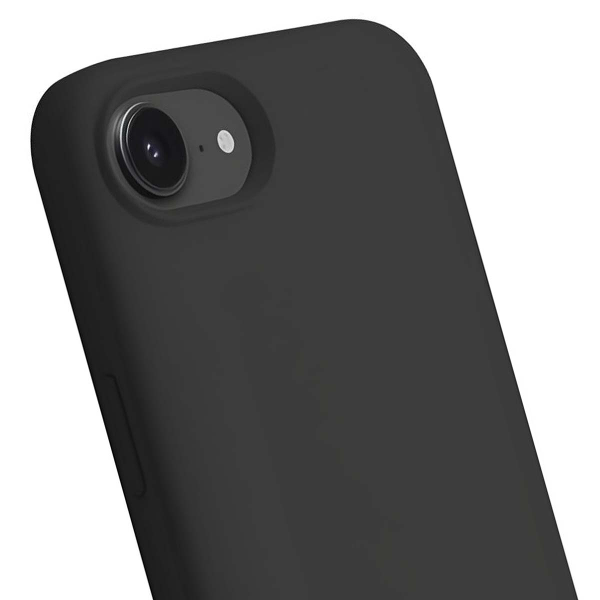 Primo piano di una custodia per telefono nera. L'obiettivo della fotocamera e il flash sono visibili. La custodia ha un bordo arrotondato e una superficie liscia.