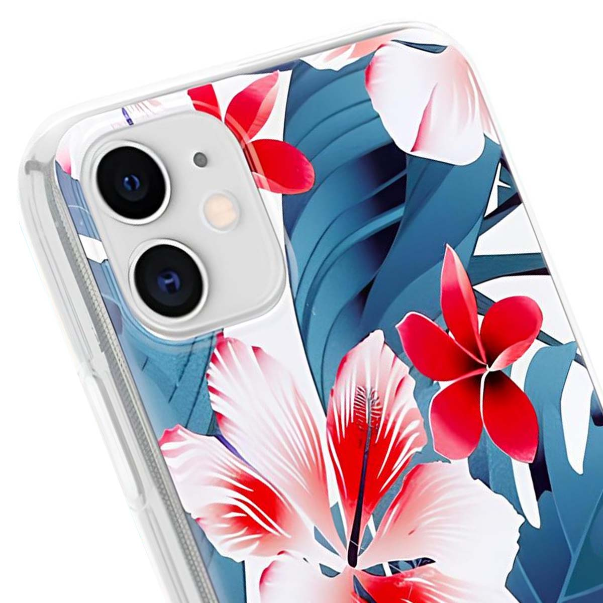 Primo piano di una custodia per telefono con un design floreale con fiori rossi e bianchi su uno sfondo di foglie blu.
