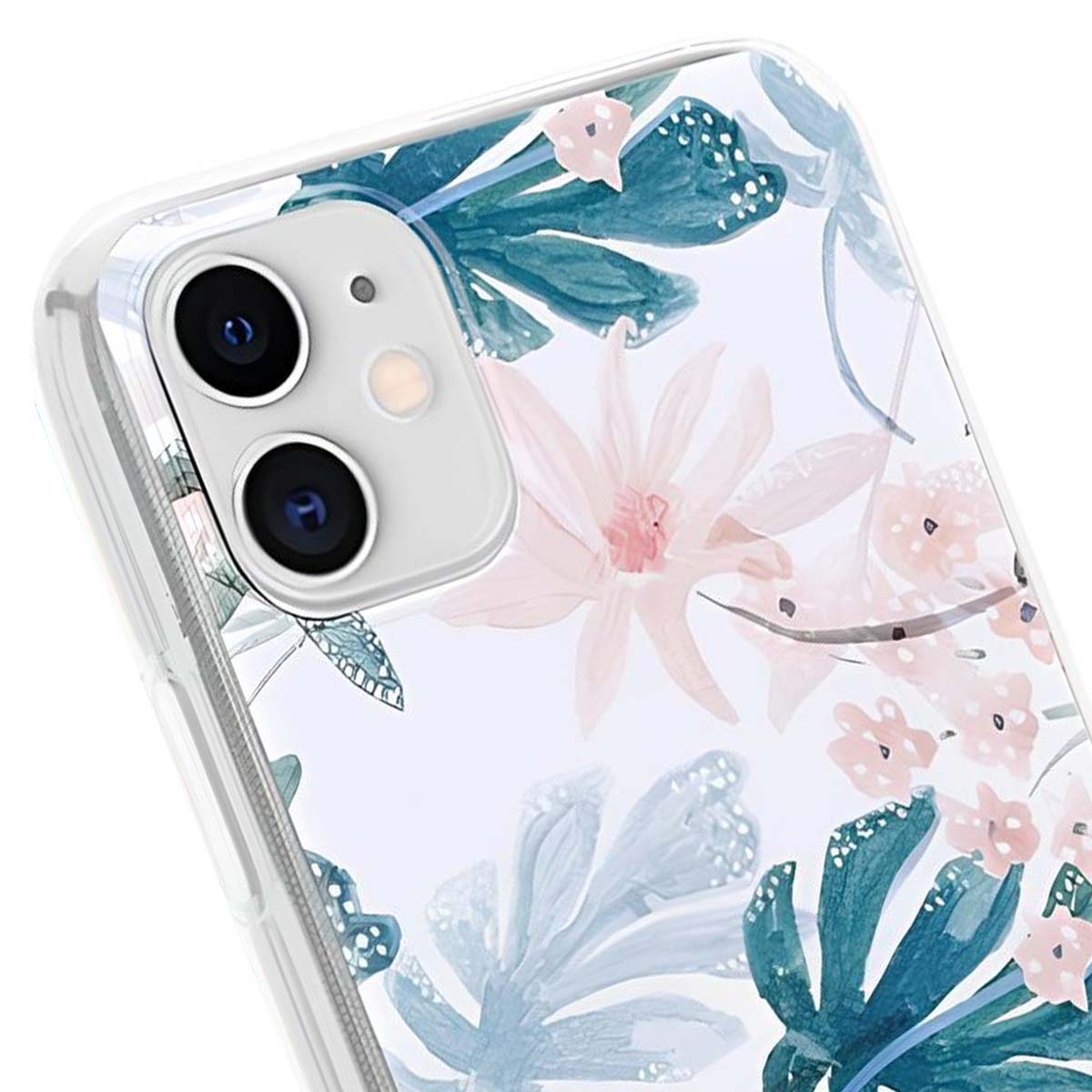 Primo piano di un telefono con custodia floreale. Il design include fiori rosa e foglie blu-verdi su sfondo bianco.