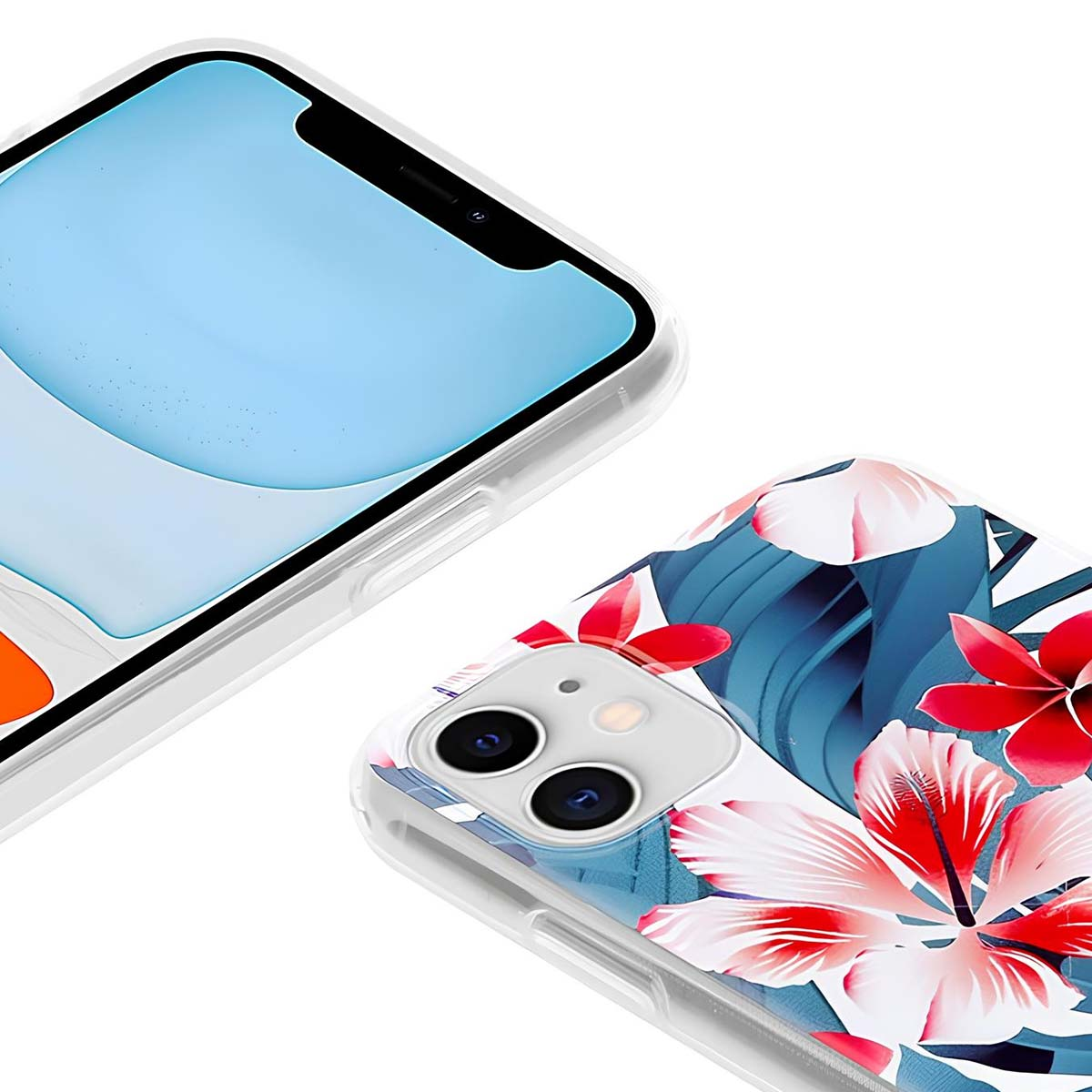 Primo piano di due smartphone. Uno mostra uno schermo blu, l'altro ha una custodia floreale con fiori rossi e foglie blu.