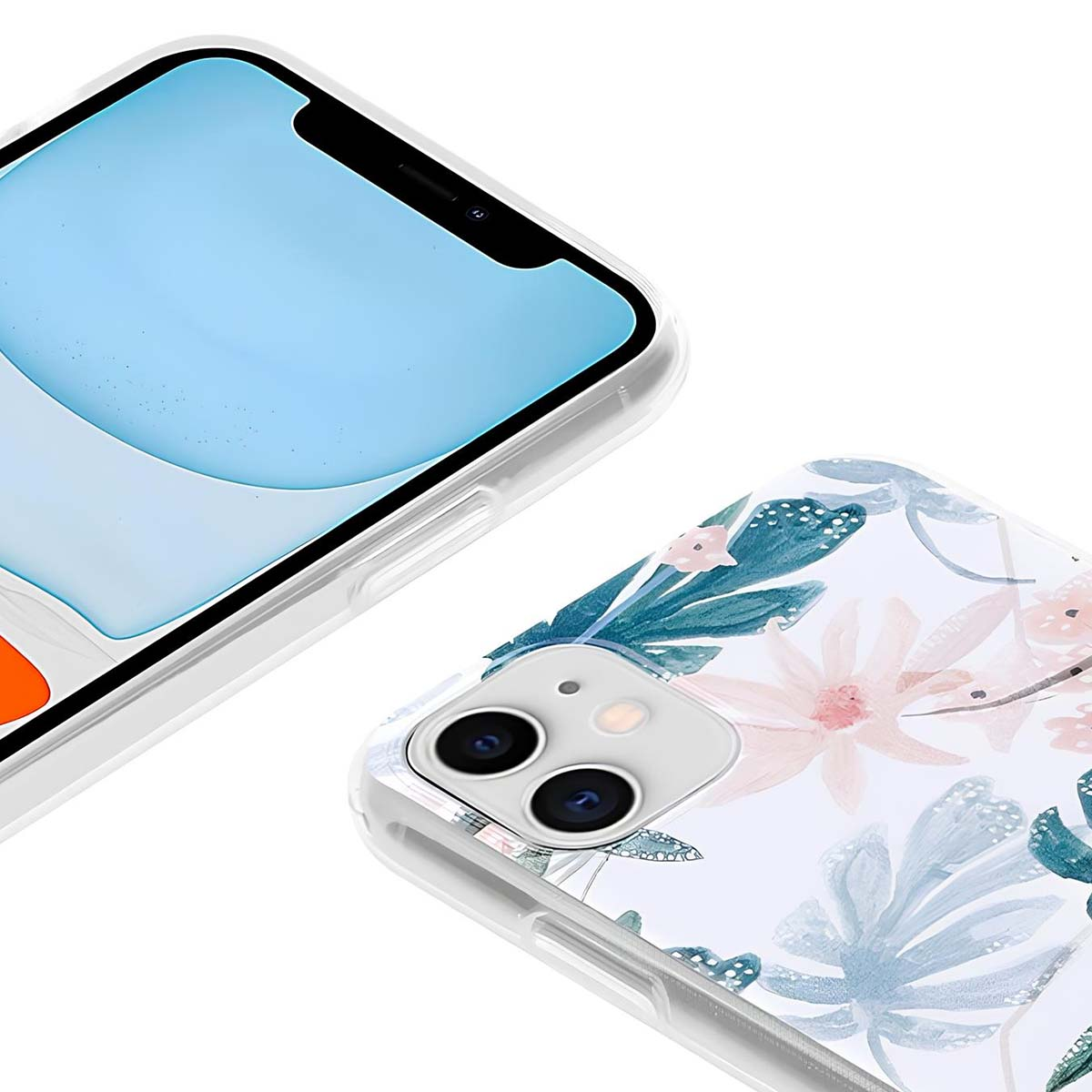 Due iPhone con custodie a motivi floreali. Uno schermo è visibile, blu. L'altra custodia ha fiori rosa e blu.