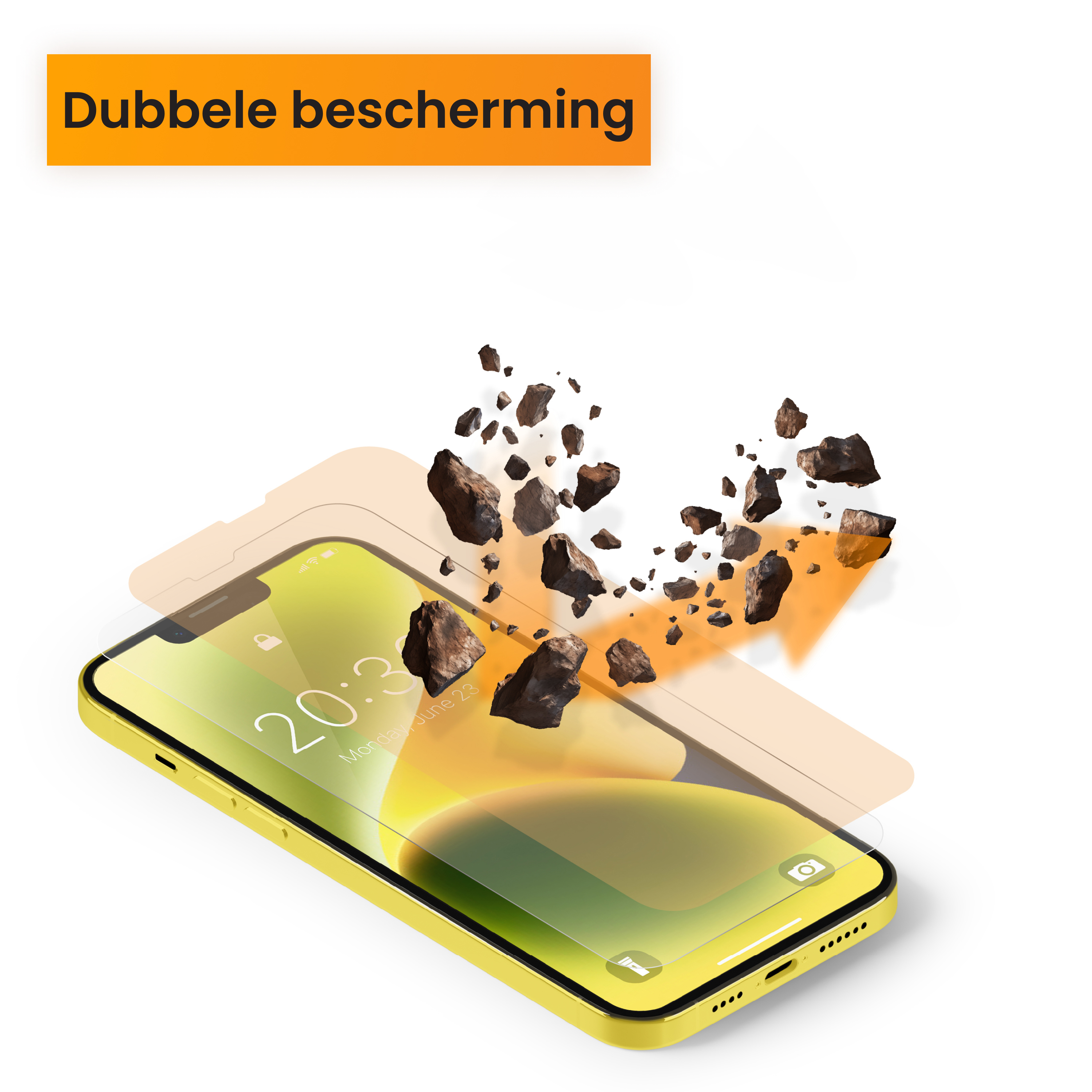 Téléphone jaune avec protecteur d'écran. Des rochers tombent vers le téléphone. Bannière orange "Dubbele bescherming".