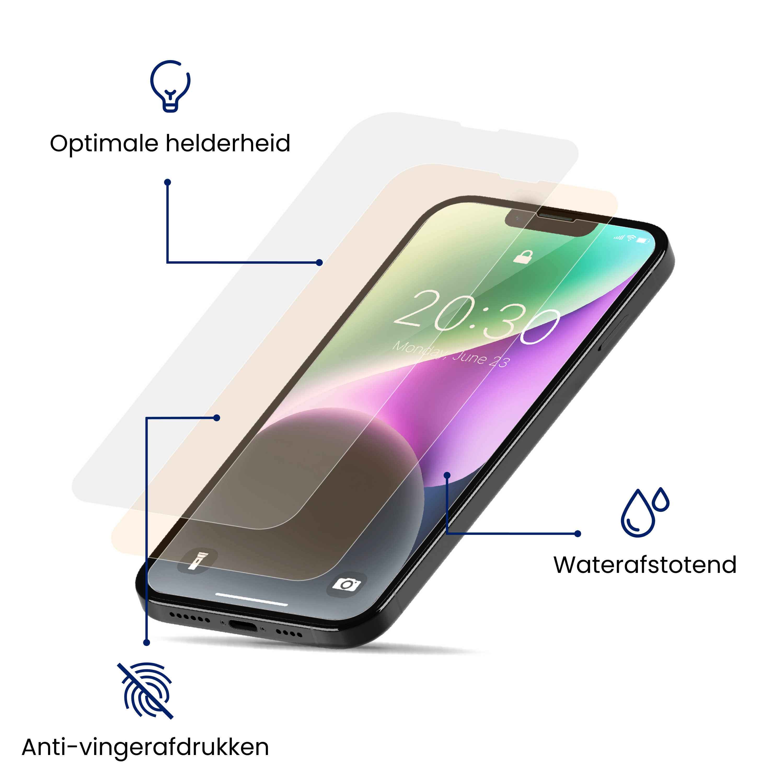 Image d'un téléphone avec protecteur d'écran. Caractéristiques : luminosité optimale, résistance à l'eau et anti-traces de doigts.