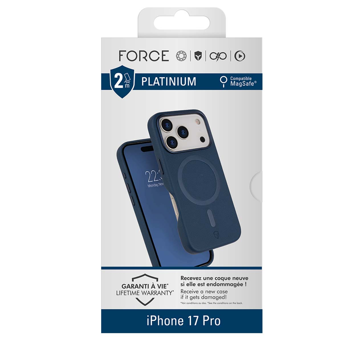Una custodia per iPhone 17 Pro. È blu scuro, con logo MagSafe e telefono con data: lunedì 22 novembre.