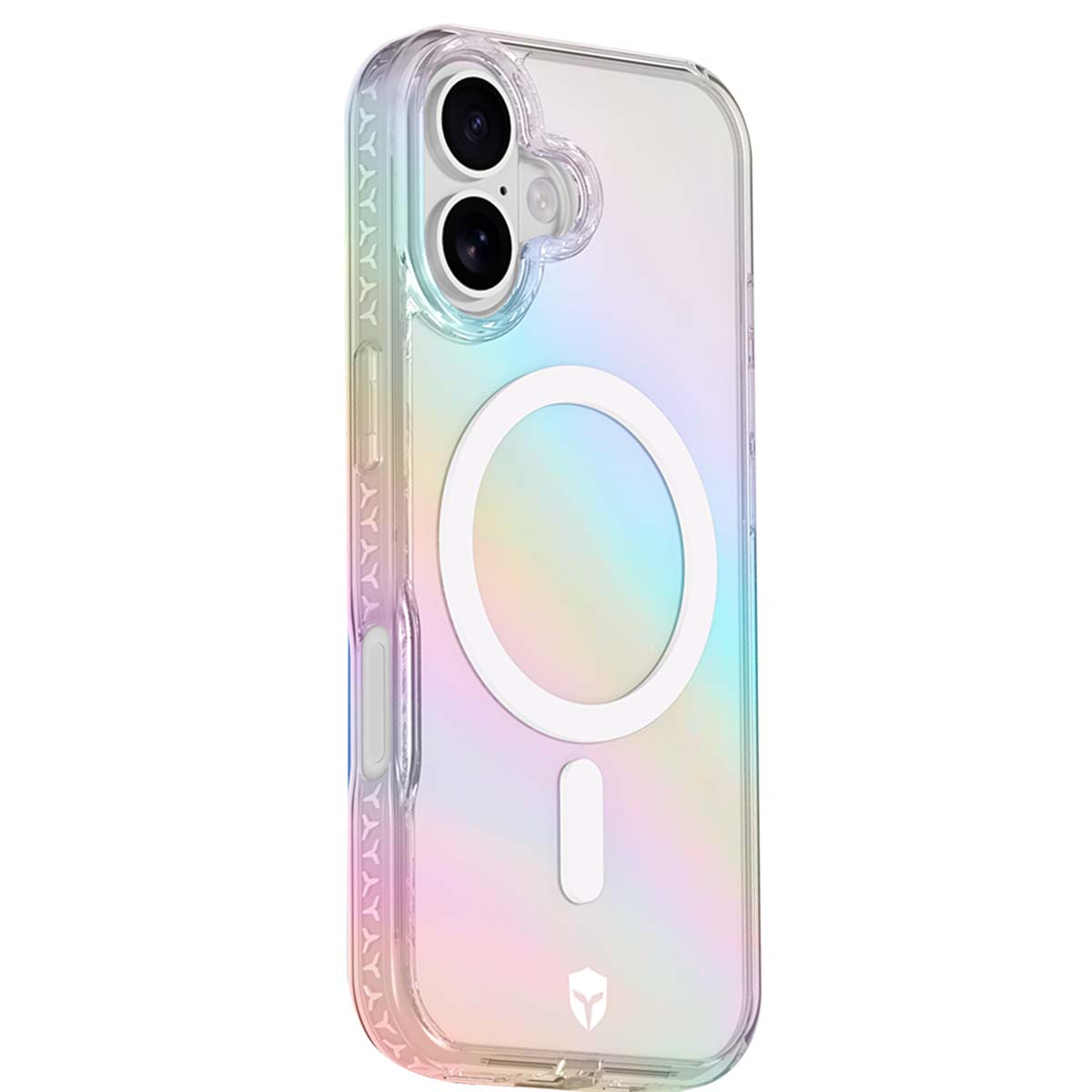 Una funda transparente para teléfono con degradado arcoíris, dos lentes de cámara y un accesorio magnético circular blanco.
