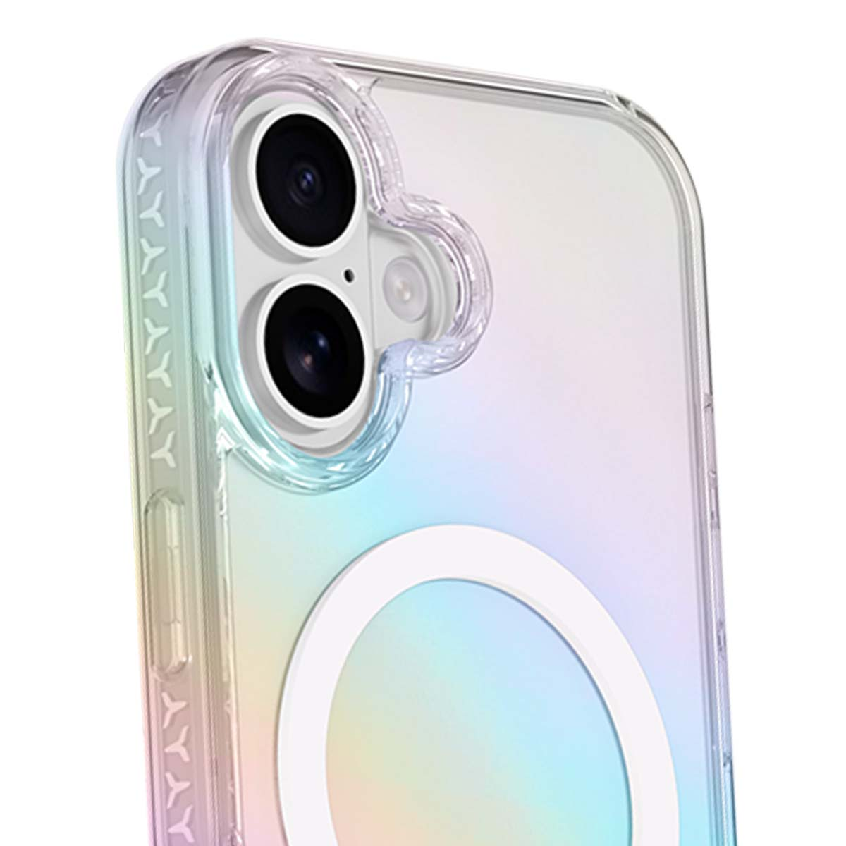 Custodia trasparente per telefono con due lenti della fotocamera e cerchio bianco sul retro. Sfumatura di colori: rosa, giallo, blu.