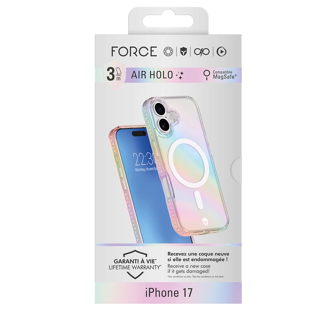 iPhone 17 en una funda transparente, mostrando la pantalla del teléfono. La caja de la funda presenta las etiquetas 'FORCE' y 'AIR HOLO', y un logotipo de 'MagSafe'.