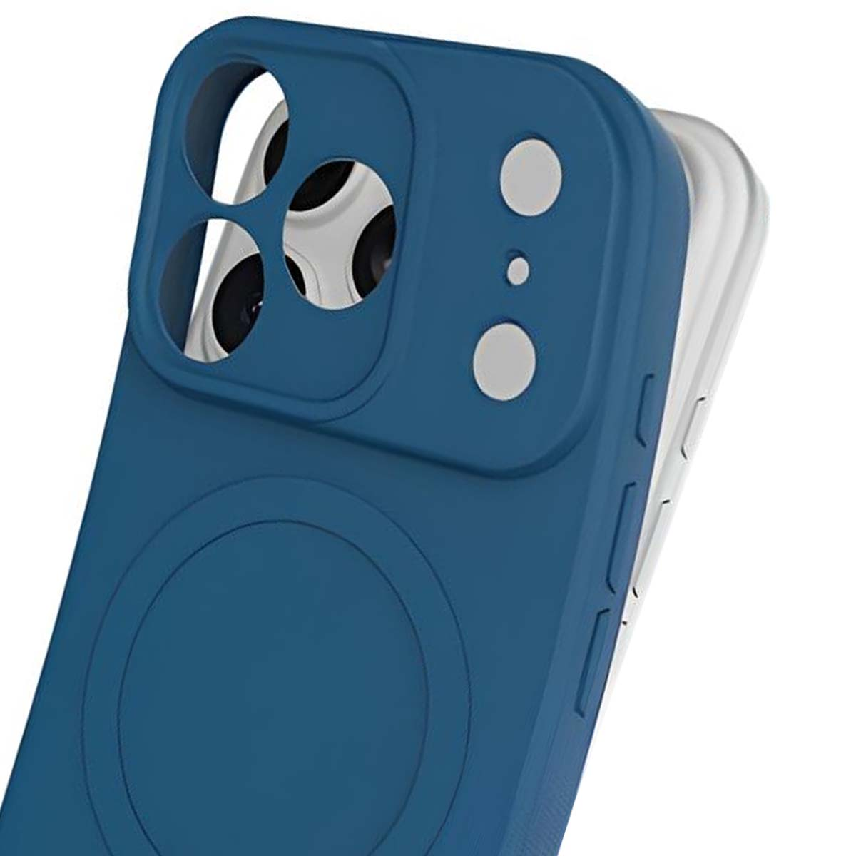 Eine blaue Handyhülle mit Kameraausschnitten und Knöpfen. Die Hülle liegt auf einem weißen Telefon, das teilweise sichtbar ist.