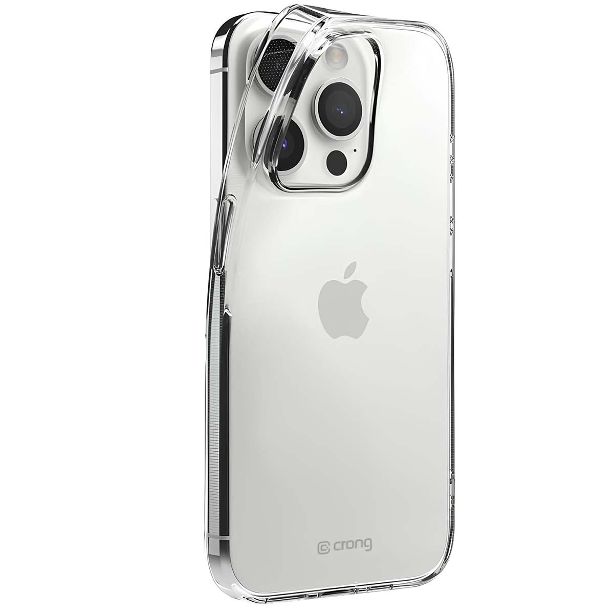 Viene mostrata una custodia trasparente per iPhone, che mostra la parte posteriore e la fotocamera del telefono. Il logo Apple è visibile. La custodia ha un bordo lucido.