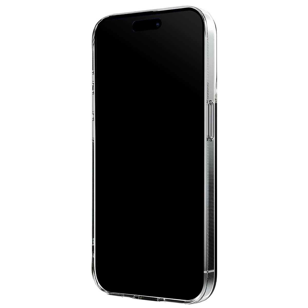 Uno smartphone con una custodia trasparente. Lo schermo è nero, la custodia trasparente con bordi argentati. Lo sfondo è bianco.