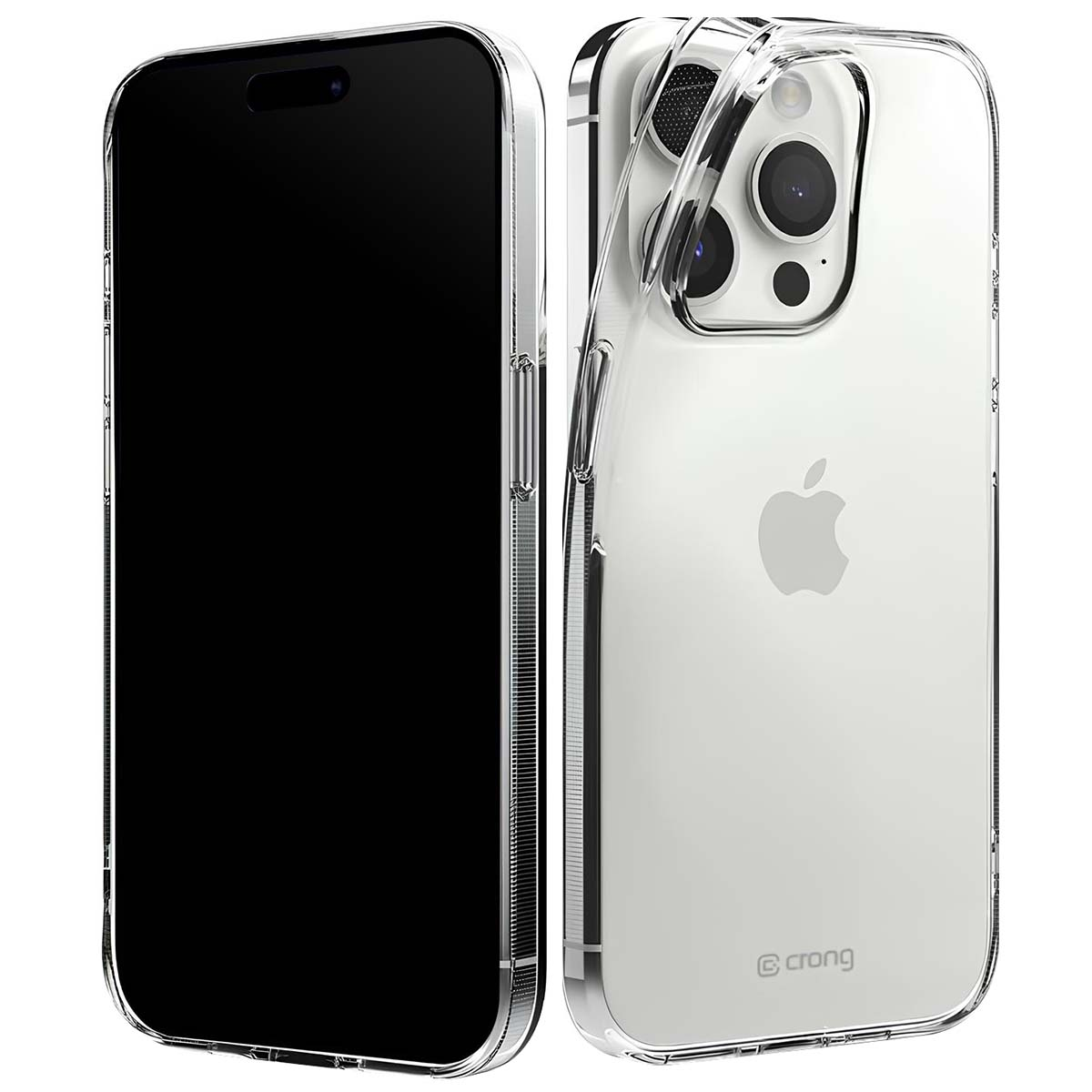 Due smartphone, uno con schermo nero, l'altro in una custodia trasparente, che mostra il retro con lenti e logo.